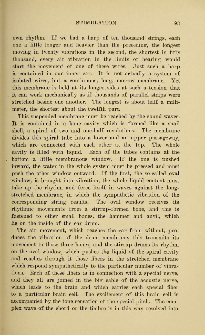 own rhythm. If we had a harp of ten thousand strings, each one a little longer and heavier than the preceding, the longest moving in twenty vibrations in the second, the shortest in fifty thousand, every air vibration in the limits of hearing would start the movement of one of these wires. Just such a harp is contained in our inner ear. It is not actually a system of isolated wires, but a continuous, long, narrow membrane. Yet this membrane is held at its longer sides at such a tension that it can work mechanically as if thousands of parallel strips were stretched beside one another. The longest is about half a milli- meter, the shortest about the twelfth part. This suspended membrane must be reached by the sound waves. It is contained in a bone cavity which is formed like a snail shell, a spiral of two and one-half revolutions. The membrane divides this spiral tube into a lower and an upper passageway, which are connected with each other at the top. The whole cavity is filled with liquid. Each of the tubes contains at the bottom a little membranous window. If the one is pushed inward, the water in the whole system must be pressed and must push the other window outward. If the first, the so-called oval window, is brought into vibration, the whole liquid content must take up the rhythm and force itself in waves against the long- stretched membrane, in which the sympathetic vibration of the corresponding string results. The oval window receives its rhythmic movements from a stirrup-formed bone, and this is fastened to other small bones, the hammer and anvil, which lie on the inside of the ear drum. The air movement, which reaches the ear from without, pro- duces the vibration of the drum membrane, this transmits its movement to those three bones, and the stirrup drums its rhythm on the oval window, which pushes the liquid of the spiral cavity and reaches through it those fibers in the stretched membrane which respond sympathetically to the particular number of vibra- tions. Each of these fibers is in connection w^ith a special nerve, and they all are joined in the big cable of the acoustic nerve, which leads to the brain and which carries each special fiber to a particular brain cell. The excitement of this brain cell is accompanied by the tone sensation of the special pitch. The com- plex wave of the chord or the timbre is in this way resolved into