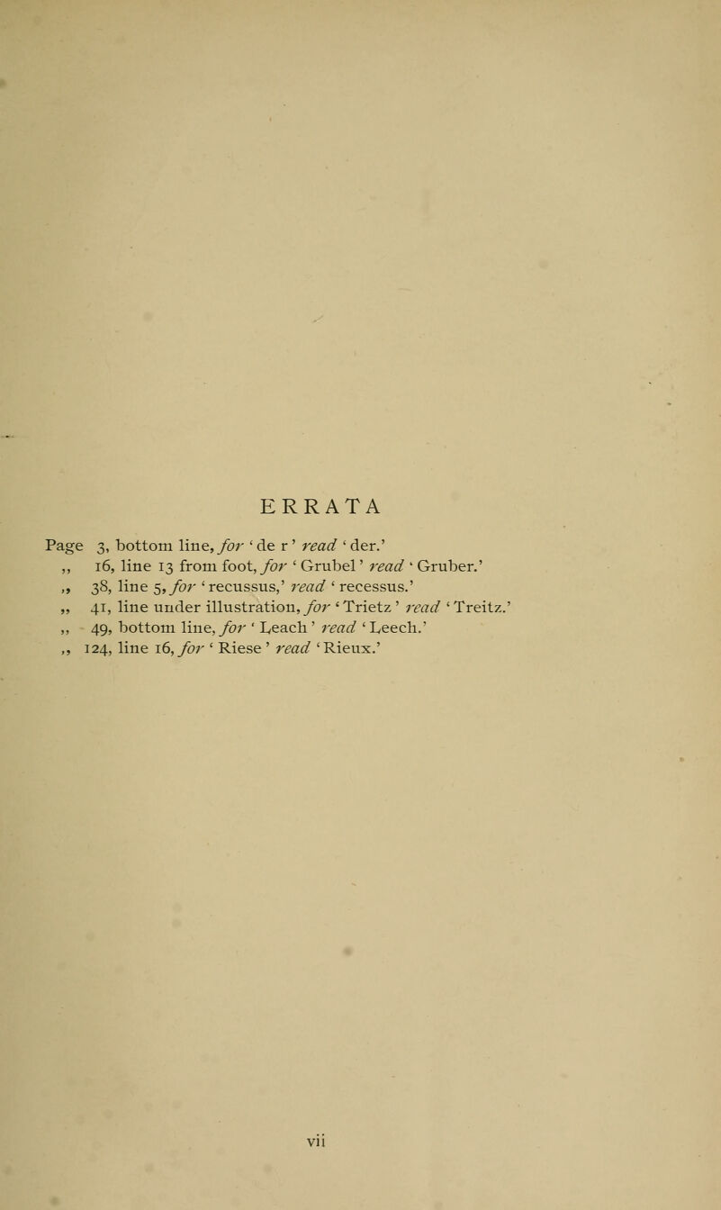 ERRATA Page 3, bottom line, for ' de r' read ' der.' 16, line 13 from foot, for ' Grubel' read ' Gruber.' 38, line 5, for 'recussus,' read ' recessus.' 41, line under illustration, for 'Trietz ' read 'Treitz.' 49, bottom line, for ' L,each' read ' Leech.' 124, line 16, for ' Riese ' read 'Rieux.' vi 1