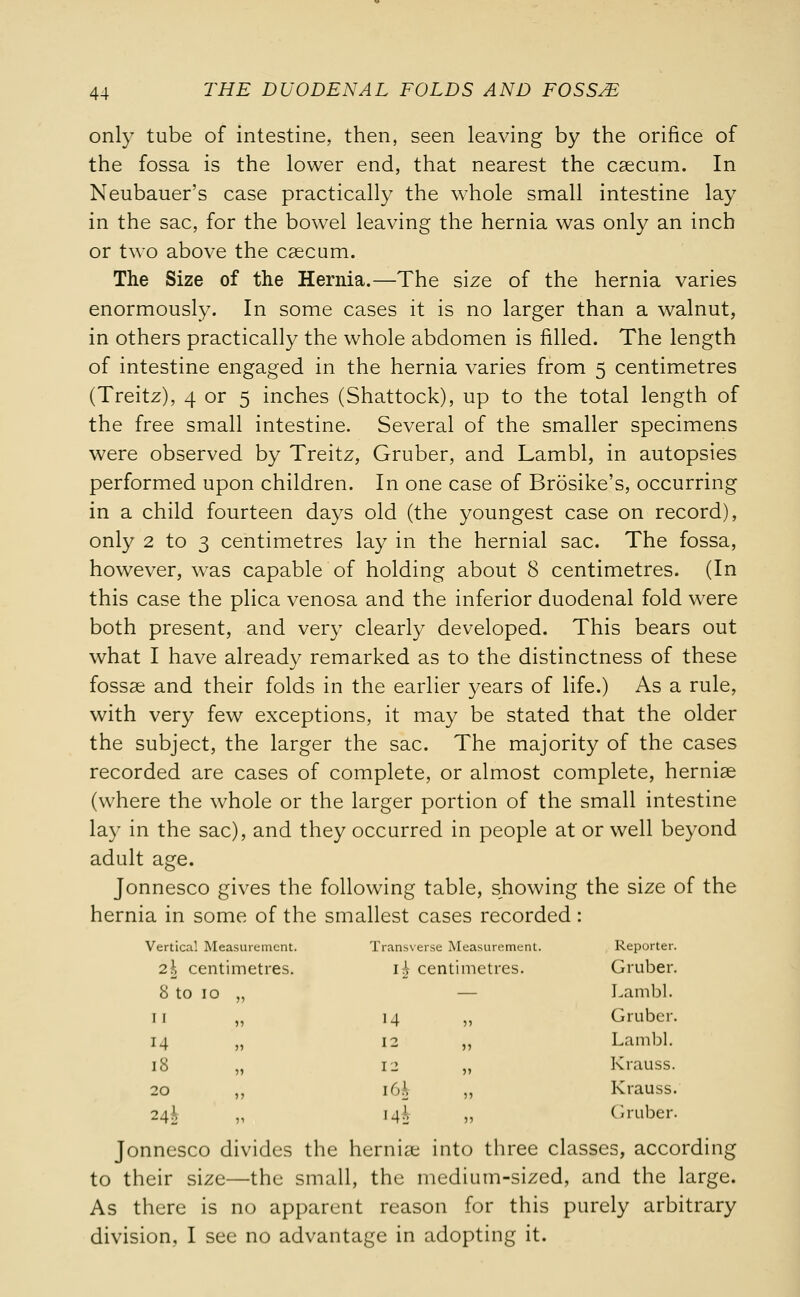 only tube of intestine, then, seen leaving by the orifice of the fossa is the lower end, that nearest the caecum. In Neubauer's case practically the whole small intestine lay in the sac, for the bowel leaving the hernia was only an inch or two above the caecum. The Size of the Hernia.—The size of the hernia varies enormously. In some cases it is no larger than a walnut, in others practically the whole abdomen is filled. The length of intestine engaged in the hernia varies from 5 centimetres (Treitz), 4 or 5 inches (Shattock), up to the total length of the free small intestine. Several of the smaller specimens were observed by Treitz, Gruber, and Lambl, in autopsies performed upon children. In one case of Brosike's, occurring in a child fourteen days old (the youngest case on record), only 2 to 3 centimetres lay in the hernial sac. The fossa, however, was capable of holding about 8 centimetres. (In this case the plica venosa and the inferior duodenal fold were both present, and very clearly developed. This bears out what I have already remarked as to the distinctness of these fossae and their folds in the earlier years of life.) As a rule, with very few exceptions, it may be stated that the older the subject, the larger the sac. The majority of the cases recorded are cases of complete, or almost complete, herniae (where the whole or the larger portion of the small intestine lay in the sac), and they occurred in people at or well beyond adult age. Jonnesco gives the following table, showing the size of the hernia in some of the smallest cases recorded: Vertical Measurement. Transverse Measurement. Reporter. 2.\ centimetres. I* centimetres. Gruber. 8 to 10 11 — Lambl. 11 11 14 11 Gruber. M 11 12 11 Lambl. 18 11 12 11 Krauss. 20 11 i6£ 11 Krauss. 24j 11 >4^ 11 ('.ruber. Jonnesco divides the herniae into three classes, according to their size—the small, the medium-sized, and the large. As there is no apparent reason for this purely arbitrary division, I see no advantage in adopting it.