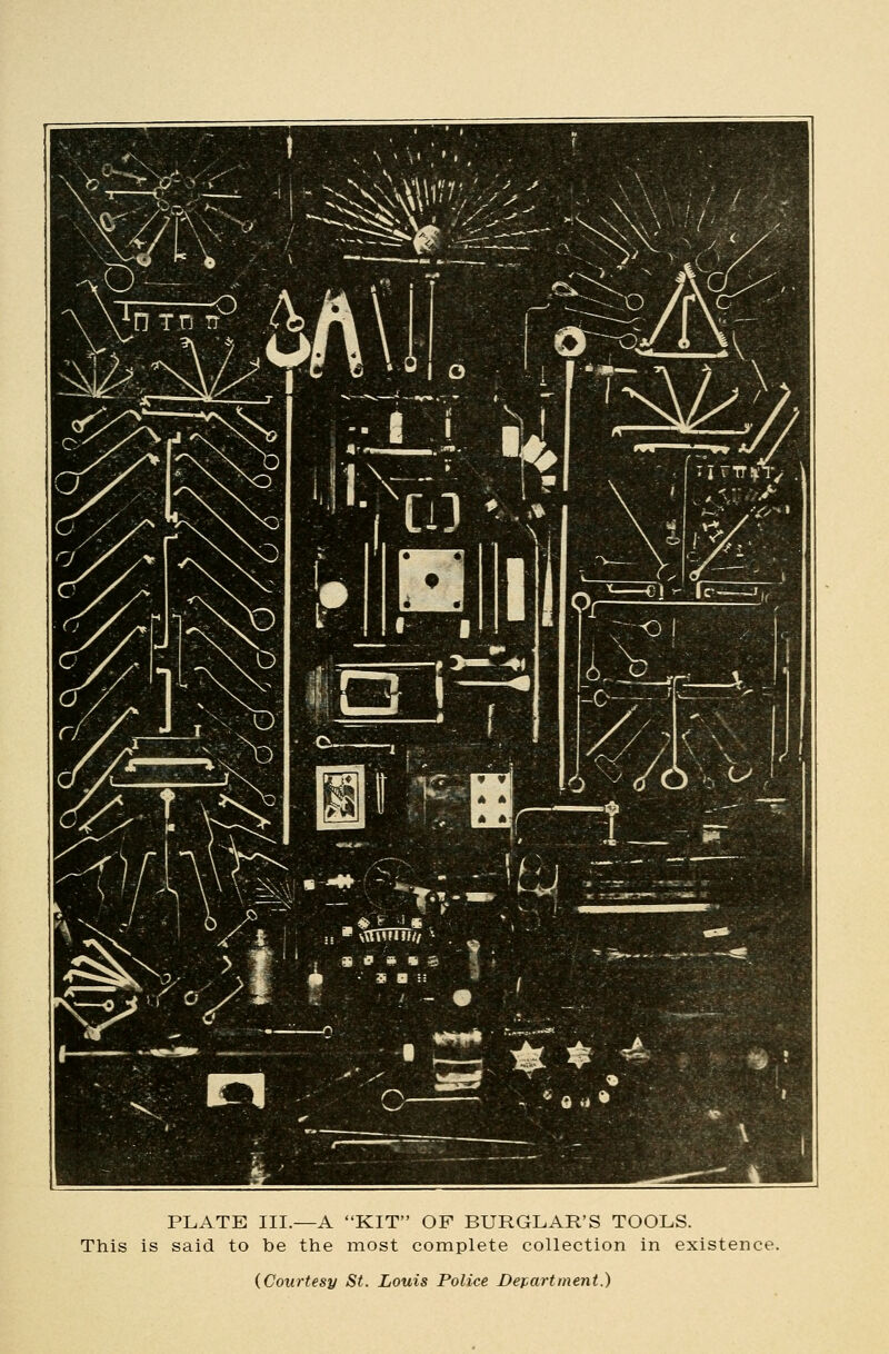 PLATE III.—A KIT OF BURGLAR'S TOOLS. This is said to be the most complete collection in existence. (Courtesy St. Louis Police Department.)