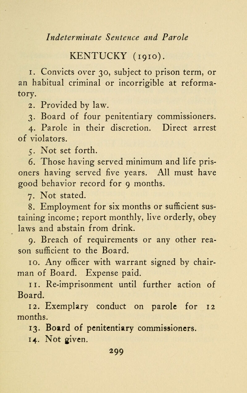 KENTUCKY (1910). 1. Convicts over 30, subject to prison term, or an habitual criminal or incorrigible at reforma- tory. 2. Provided by law. 3. Board of four penitentiary commissioners. 4. Parole in their discretion. Direct arrest of violators. 5. Not set forth. 6. Those having served minimum and life pris- oners having served five years. All must have good behavior record for 9 months. 7. Not stated. 8. Employment for six months or suf&cient sus- taining income; report monthly, live orderly, obey laws and abstain from drink. 9. Breach of requirements or any other rea- son sufficient to the Board. 10. Any officer with warrant signed by chair- man of Board. Expense paid. 11. Re-imprisonment until further action of Board. 12. Exemplary conduct on parole for 12 months. 13. Board of penitentiary commissioners. 14. Not given.