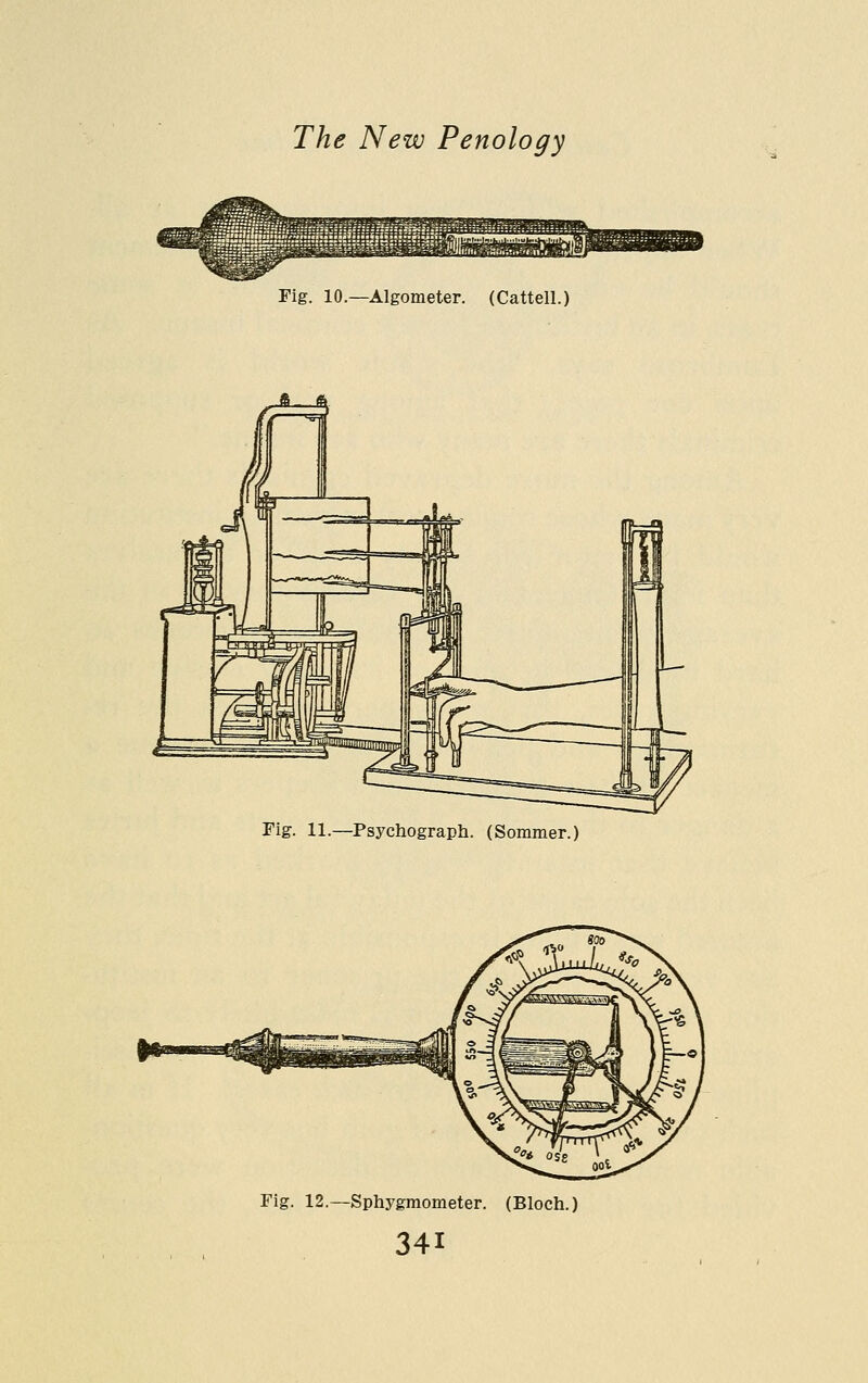 Fig. 10.—Algometer. (Cattell.) Fig. 11.—^Psychograph. (Sommer.) Fig. 12.—Sphygmometer, (Bloch.)