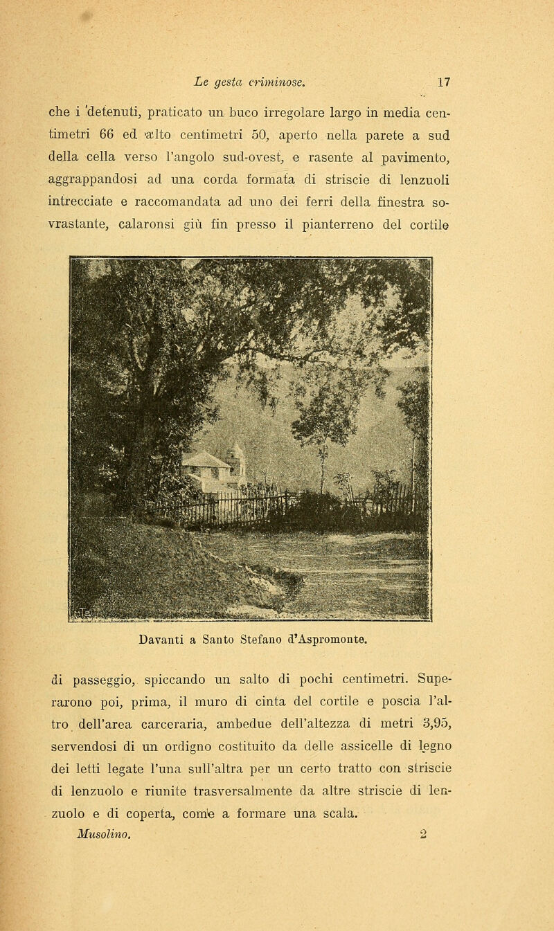 che i 'detenuti, praticato un buco irregolare largo in media cen- timetri 66 ed «Ito centimetri 50, aperto nella parete a sud della cella verso l'angolo sud-ovest, e rasente al pavimento, aggrappandosi ad una corda formata di striscio di lenzuoli intrecciate e raccomandata ad uno dei ferri della finestra so- vrastante, calaronsi giù fin presso il pianterreno del cortile Davanti a Santo Stefano d'Aspromonte. di passeggio, spiccando im salto di pochi centimetri. Supe- rarono poi, prima, il muro di cinta del cortile e poscia l'al- tro dell'area carceraria, ambedue dell'altezza di metri 3,95, servendosi di un ordigno costituito da delle assicelle di legno dei letti legate l'una sull'altra per un certo tratto con striscio di lenzuolo e riunite trasversalmente da altre strisele di len- zuolo e di coperta, com'è a formare una scala. Musolino. 2