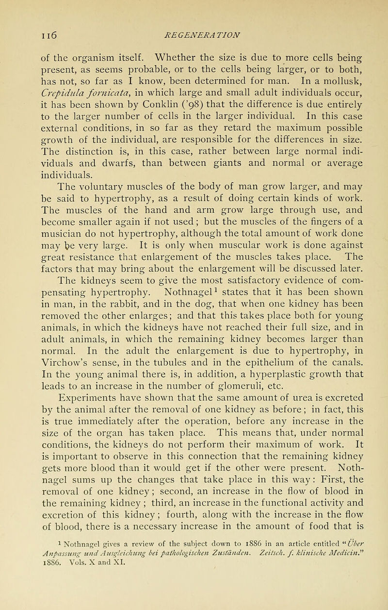 of the organism itself. Whether the size is due to more cells being present, as seems probable, or to the cells being larger, or to both, has not, so far as I know, been determined for man. In a mollusk, CrepidiUa fornicata, in which large and small adult individuals occur, it has been shown by Conklin ('98) that the difference is due entirely to the larger number of cells in the larger individual. In this case external conditions, in so far as they retard the maximum possible growth of the individual, are responsible for the differences in size. The distinction is, in this case, rather between large normal indi- viduals and dwarfs, than between giants and normal or average individuals. The voluntary muscles of the body of man grow larger, and may be said to hypertrophy, as a result of doing certain kinds of work. The muscles of the hand and arm grow large through use, and become smaller again if not used; but the muscles of the fingers of a musician do not hypertrophy, although the total amount of work done may Ipe very large. It is only when muscular work is done against great resistance that enlargement of the muscles takes place. The factors that may bring about the enlargement will be discussed later. The kidneys seem to give the most satisfactory evidence of com- pensating hypertrophy. NothnageP states that it has been shown in man, in the rabbit, and in the dog, that when one kidney has been removed the other enlarges; and that this takes place both for young animals, in which the kidneys have not reached their full size, and in adult animals, in which the remaining kidney becomes larger than normal. In the adult the enlargement is due to hypertrophy, in Virchow's sense, in the tubules and in the epithelium of the canals. In the young animal there is, in addition, a hyperplastic growth that leads to an increase in the number of glomeruli, etc. Experiments have shown that the same amount of urea is excreted by the animal after the removal of one kidney as before; in fact, this is true immediately after the operation, before any increase in the size of the organ has taken place. This means that, under normal conditions, the kidneys do not perform their maximum of work. It is important to observe in this connection that the remaining kidney gets more blood than it would get if the other were present. Noth- nagel sums up the changes that take place in this way: First, the removal of one kidney; second, an increase in the flow of blood in the remaining kidney ; third, an increase in the functional activity and excretion of this kidney; fourth, along with the increase in the flow of blood, there is a necessary increase in the amount of food that is 1 Nothnagel gives a review of the subject down to 1886 in an article entitled liber Anpassung und Ausgleichung bei pathologischen Zustdnden. Zeitsch. f. klinische Medicin. 1886. Vols. X and XI.