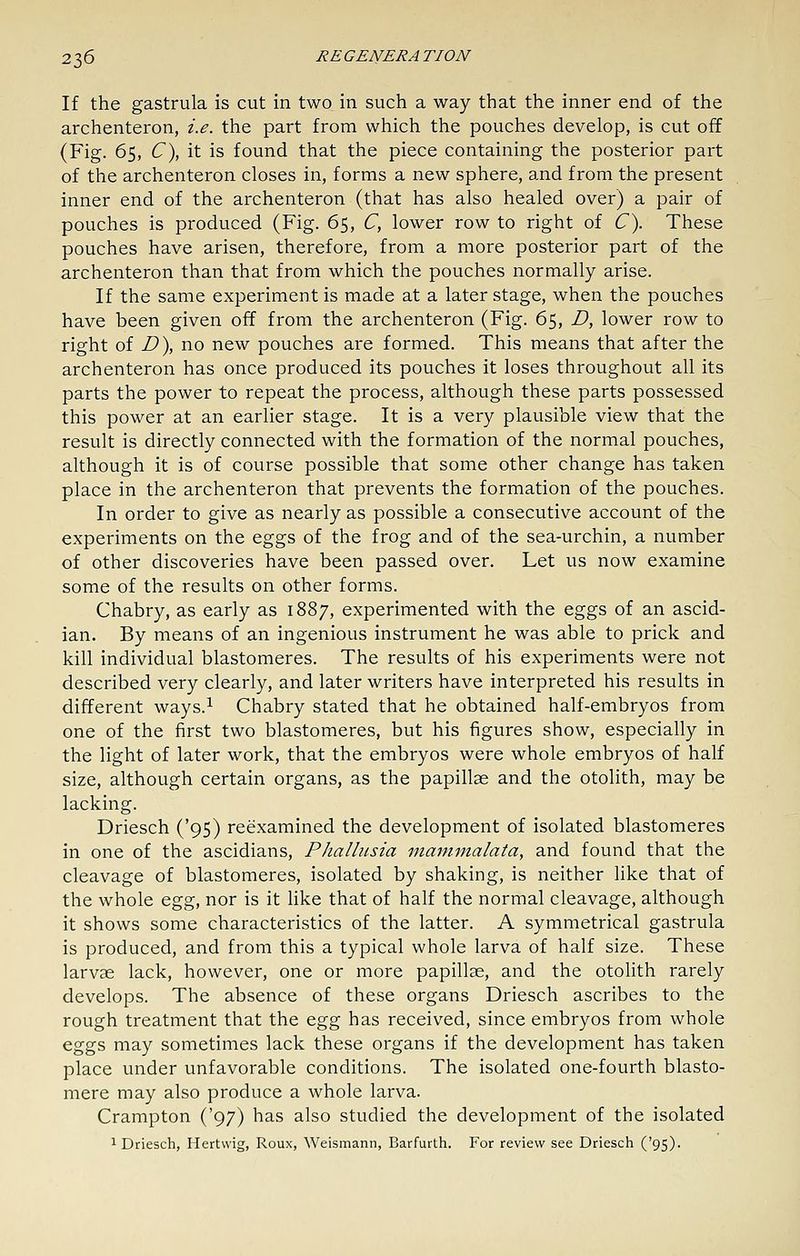 If the gastrula is cut in two in such a way that the inner end of the archenteron, i.e. the part from which the pouches develop, is cut off (Fig. 65, C\ it is found that the piece containing the posterior part of the archenteron closes in, forms a new sphere, and from the present inner end of the archenteron (that has also healed over) a pair of pouches is produced (Fig. 65, C, lower row to right of C\ These pouches have arisen, therefore, from a more posterior part of the archenteron than that from which the pouches normally arise. If the same experiment is made at a later stage, when the pouches have been given off from the archenteron (Fig. 65, D, lower row to right of D), no new pouches are formed. This means that after the archenteron has once produced its pouches it loses throughout all its parts the power to repeat the process, although these parts possessed this power at an earlier stage. It is a very plausible view that the result is directly connected with the formation of the normal pouches, although it is of course possible that some other change has taken place in the archenteron that prevents the formation of the pouches. In order to give as nearly as possible a consecutive account of the experiments on the eggs of the frog and of the sea-urchin, a number of other discoveries have been passed over. Let us now examine some of the results on other forms. Chabry, as early as 1887, experimented with the eggs of an ascid- ian. By means of an ingenious instrument he was able to prick and kill individual blastomeres. The results of his experiments were not described very clearly, and later writers have interpreted his results in different ways.^ Chabry stated that he obtained half-embryos from one of the first two blastomeres, but his figures show, especially in the light of later work, that the embryos were whole embryos of half size, although certain organs, as the papillae and the otolith, may be lacking. Driesch ('95) reexamined the development of isolated blastomeres in one of the ascidians, Phalliisia mammalata, and found that the cleavage of blastomeres, isolated by shaking, is neither like that of the whole Qg%, nor is it like that of half the normal cleavage, although it shows some characteristics of the latter. A symmetrical gastrula is produced, and from this a typical whole larva of half size. These larvae lack, however, one or more papillae, and the otolith rarely develops. The absence of these organs Driesch ascribes to the rough treatment that the q.^% has received, since embryos from whole eggs may sometimes lack these organs if the development has taken place under unfavorable conditions. The isolated one-fourth blasto- mere may also produce a whole larva. Crampton ('97) has also studied the development of the isolated 1 Driesch, Hertwig, Roux, Weismann, Barfurth. For review see Driesch ('95).