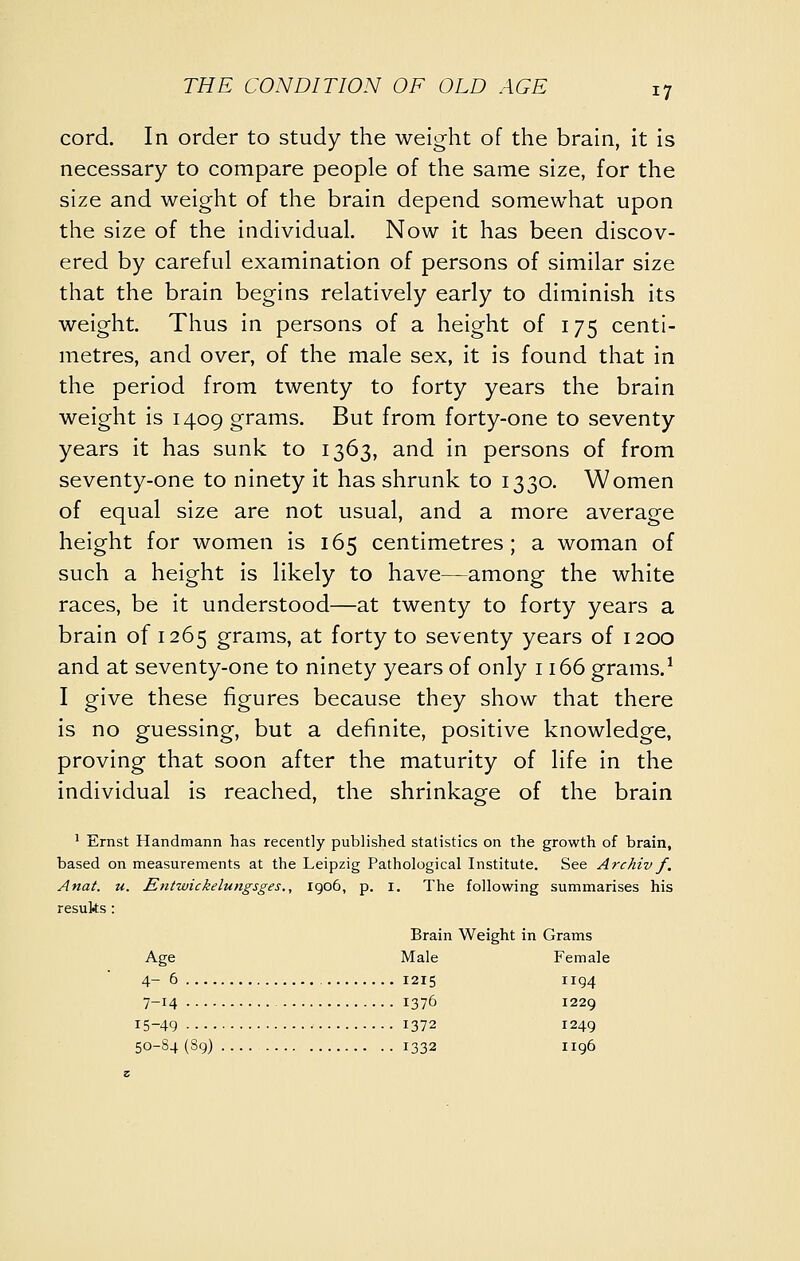 cord. In order to study the weight of the brain, it is necessary to compare people of the same size, for the size and weight of the brain depend somewhat upon the size of the individual. Now it has been discov- ered by careful examination of persons of similar size that the brain begins relatively early to diminish its weight. Thus in persons of a height of 175 centi- metres, and over, of the male sex, it is found that in the period from twenty to forty years the brain weight is 1409 grams. But from forty-one to seventy years it has sunk to 1363, and in persons of from seventy-one to ninety it has shrunk to 1330. Women of equal size are not usual, and a more average height for women is 165 centimetres; a woman of such a height is likely to have—among the white races, be it understood—at twenty to forty years a brain of 1265 grams, at forty to seventy years of 1200 and at seventy-one to ninety years of only 1166 grams.^ I give these figures because they show that there is no guessing, but a definite, positive knowledge, proving that soon after the maturity of life in the individual is reached, the shrinkage of the brain ^ Ernst Handmann has recently published statistics on the growth of brain, based on measurements at the Leipzig Pathological Institute. See Archiv f. Anat. u. Entwickelungsges., igo6, p. i. The following summarises his resuks: Brain Weight in Grams Age Male Female 4-6 , 1215 iig4 7-14 1376 1229 15-49 1372 1249 50-84(89) 1332 1196