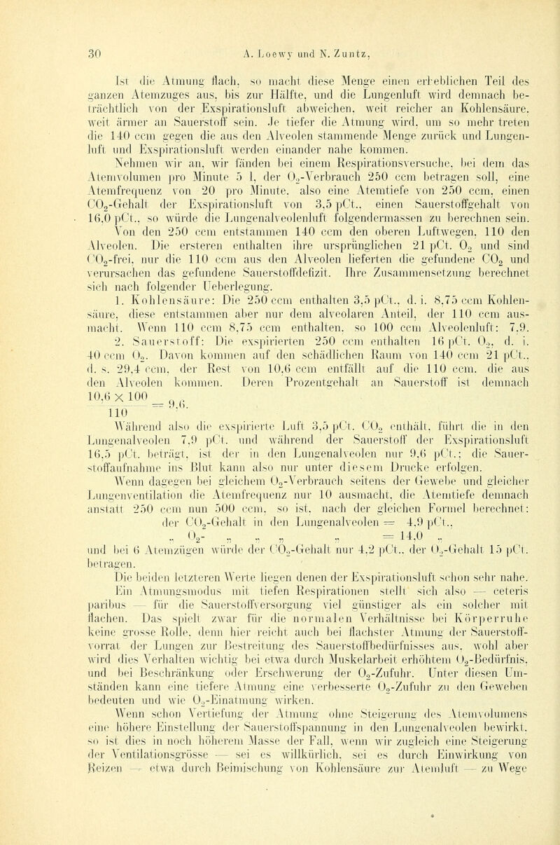 Ist die Atmung flacli, so macht diese Menge einen eri?eblichen Teil des ganzen Atemzuges aus, bis zm' Hälfte, und die Lungenluft wird demnach be- trächtlich von der Exspirationsluft abweichen, weit reicher an Kohlensäure, weit ärmer an Sauerstoff sein. Je tiefer die Atmung wird, um so mehr treten die 140 ccm gegen die aus den Alveolen stammende Menge zurück und Lungen- luft und Exspirationsluft werden einander nahe kommen. Nehmen wir an, wir fänden bei einem Respirationsversuche, bei dem das Atem Volumen pro Minute 5 1, der Oo-Verbrauch 250 ccm betragen soll, eine Atemfrequenz von 20 pro Minute, also eine Atemtiefe von 250 ccm, einen COa-Gehalt der Exspirationsluft von 3,5 pCt., einen Sauerstoffgehalt von 16,0 pCt., so würde die Lungenalveolenluft folgendermassen zu berechnen sein. Von den 250 ccm entstammen 140 ccm den oberen Luftwegen, 110 den Alveolen. Die ersteren enthalten ihi-e ursprünglichen 21 pCt. Oo und sind COg-frei, nur die 110 ccm aus den Alveolen lieferten die gefundene COg und verursachen das gefundene Sauerstoffdefizit. Ihre Zusammensetzung berechnet sich nach folgender üeberlegung. 1. Kohlensäure: Die 250 ccm enthalten 3,5 pOt., d.i. 8,75 ccm Kohlen- säure, diese entstammen aber nur dem alveolaren Anteil, der 110 ccm aus- macht. Wenn 110 ccm 8,75 ccm enthalten, so 100 ccm Alveolenluft: 7.9. 2. Sauerstoff: Die exspirierten 250 ccm enthalten 16 pCt. Oo, d. i. 40 ccm Oo. Davon kommen auf den schädlichen Raum von 140 ccm 21 pCt.. d. s. 29,4 ccm. der Rest von 10,6 ccm entfällt auf die 110 ccm. die aus den Alveolen kommen. Deren Prozentgehalt an Sauerstoff ist demnach 10,6 X 100 _ Während also die exspirierte Luft 3,5 pCt. COo eniliält, führi die in den Lungenalveolen 7,9 pOt. und während der Sauerstoff der Exspirationsluft 16,5 pGt. beträgt, ist der in den Lungenalveolen nur 9,6 pCt.; die Sauer- stoffaufnahme ins Blut kann also nur unter diesem Drucke erfolgen. Wenn dagegen bei gleichem Oo-Verbrauch seitens der Gewebe und gleicher Lungenventilation die Atemfrequenz nur 10 ausmacht, die Atemtiefe demnach anstatt 250 ccm nun 500 ccm. so ist, nach der gleichen Formel l3erechnet: der COa-Gehalt in den Lungenalveolen = 4,9 pCt.. . <V „ „ „ „ ==14,0 „ \ und bei 6 Atemzügen würde der (lOo-Gelialt nur 4,2 pCt.. der 0^-Gehalt 15 pGt. betragen. Die beiden letzteren Werte liegen denen der Exspirationsluft schon sehr nahe. Ein Atmungsmodus mit tiefen Respirationen stellt sich also — ceteris Ijaribus — für die Sauerstoffversorgung viel günstiger als ein solcher mit flachen. Das spielt zwar für die normalen V'erhältnisse bei Körperruhe keine grosse Rolle, denn hier reicht auch bei flachster Atmung der Sauerstoff- vorrat der Lungen zur Bestreitung des Sauerstoff'bedürfnisses aus. wohl abei' wird dies Verhalten wichtig bei etwa durch Muskelarbeit erhöhtem (Ja-Bedürfnis, und bei Beschränkung oder Erschwerung der Oa-Zufuhr. Unter diesen Um- ständen kann eine tiefere Atmung eine verbesserte Oo-Zufuhr zu den Geweben bedeuten und wie Oo-Einatmung wirken. Wenn schon Vertiefung der Atmung ohne Steigerung des Atemvolumens eine höhere Einstellung der Sauerstoffspannung in den Lungenalveolen bewirkt. so ist dies in noch höherem Masse der Fall, wenn wir zugleich eine Steigerung der Ventilationsgrösse — sei es willkürlich, sei es durch Einwirkung von Eeizen —- etwa durch Beimischung von Kohlensäure zur Atemluft — 7ai Wege