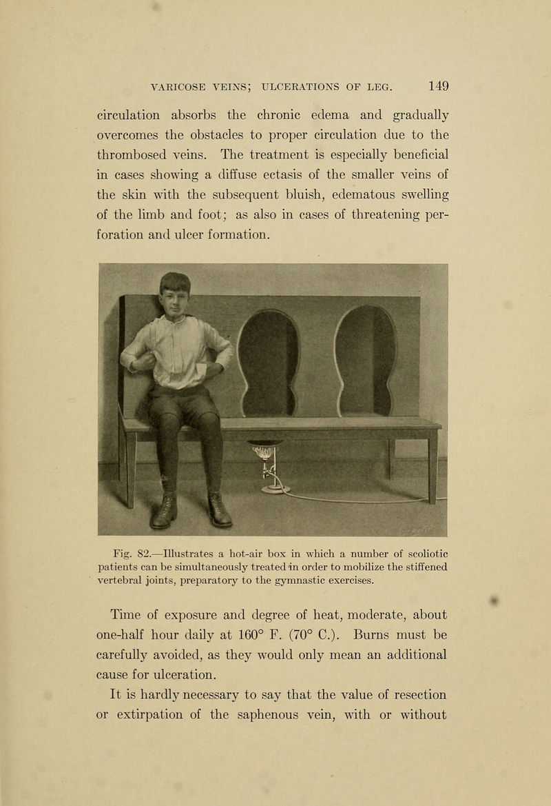 circulation absorbs the chronic edema and gradually overcomes the obstacles to proper circulation due to the thrombosed veins. The treatment is especially beneficial in cases showing a diffuse ectasis of the smaller veins of the skin with the subsequent bluish, edematous swelling of the limb and foot; as also in cases of threatening per- foration and ulcer formation. Fig. 82.—Illustrates a hot-air box in which a number of scoliotic patients can be simultaneously treated in order to mobilize the stiffened vertebral joints, preparatory to the gymnastic exercises. Time of exposure and degree of heat, moderate, about one-half hour daily at 160° F. (70° C). Burns must be carefully avoided, as they would only mean an additional cause for ulceration. It is hardly necessary to say that the value of resection or extirpation of the saphenous vein, with or without