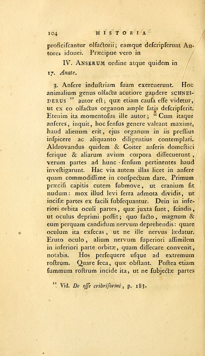 proficifcantur olfadorii; eamque defcripferunt Au- tores idonei. Prsecipue vero in IV. Anserum ordine atque quidem in / 17. Anate, j 3. Anfere induftriam fuam exercuerunt. Hoc animalium genus olfadu acutiore gaudere SCHNEI- DERUS  autor eft; quae etiara caufa effe videtur, ut ex eo olfadus organon ample fatis defcripferit. Etenim ita momentofus ille autor;  Cum itaquC anferes, inquit, hocfenfus genere valeant maxime, liaud alienum erit, ejus organum in iis preflius infpicerc ac aliquanto diligentius contemplari. Aldrovandus quidem & Coiter anferis domeftici ferique & aliarum avium corpora diffecuerunt , verum partes ad hunc ^fenfum pertinentcs haud inveftigarunt. Hac via autem illas llcet in anferd quam commodiffime in confpedtum dare, Primum prsecifi capitis cutem fubmove, ut cranium fit nudum: mox illud levi ferra admota dividis, ut incifae partes ex facili fubfequantur. Dein in infe- riori orbita oculi partes, quse juxta funt, fcindis, ut oculus deprimi poffit; quo fado, magnum & eum perquam candidum nervum deprehendis: quarei oculum ita exfecas, ut ne ilie nervus Isedatur. Eruto oculo, alium nervum fuperiori affimilem in inferiori parte orbitse, quam dilTecare convenit, notabis. Hos perfequere ufque ad extremum roftrum. Quare feca, quse obftant. Poftea etiam fummura roftrum incide ita, ut ne fubjedtx partes  Vid. De ojfe cnbriformi ^ p. 185.