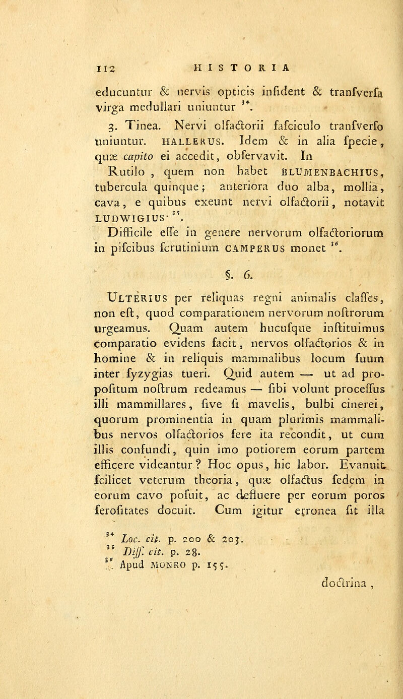 educLintnr & ncrvis opticis infident & tranfverfa virga medullari uniuntur '*. 3. Tinea. Nervi oifadlorii fafciculo tranfverfo Uniuntur. hallerus. Idem & in alia fpecie, qux capito ei accedit, obfervavit. In RutJlo , quem non habet BLUMENBACHIUs, tubercula quinque; auteriora duo alba, mollia, cava, e quibus exeunt nervi olfaclorii, notavit LUDWIGIUS-''. Difficile elTe in genere nervorum olfad;oriorum in pifcibus fcrutinium camperus monet ^\ §. 6. UlteRIUS per reliquas regni animalis clafTes, non efl, quod comparationem nervorum noftrorum urgeamus. Quam autem hucufque inftituimus comparatio evidens facit, ncrvos olfadorios & in homine & in reliquis mammalibus locum fuum inter fyzygias tueri. Q^uid autem — ut ad pro- pofitum noflrum redeamus — fibi volunt procedus illi mammillares, five fi raavelis, bulbi cinerei, quorum promincntia in quara plurimis mammali- bus nervos olfadorios fere ita recondit, ut cura illis confundi, quin imo potiorem eorum partem efficere videantur ? Hoc opus, hic labor. Evanuic. fcilicet veterum theoria, qu?e olfadlus fedem in eorum cavo pofuit, ac defluere per eorum poro.s ferofitates docuit. Cum igitur efronea fit illa Loc. cit. p. 200 & 20J. * Dijf. cit. p. 28. ;^, Apud MONRO p. 15'J. dodrina ,