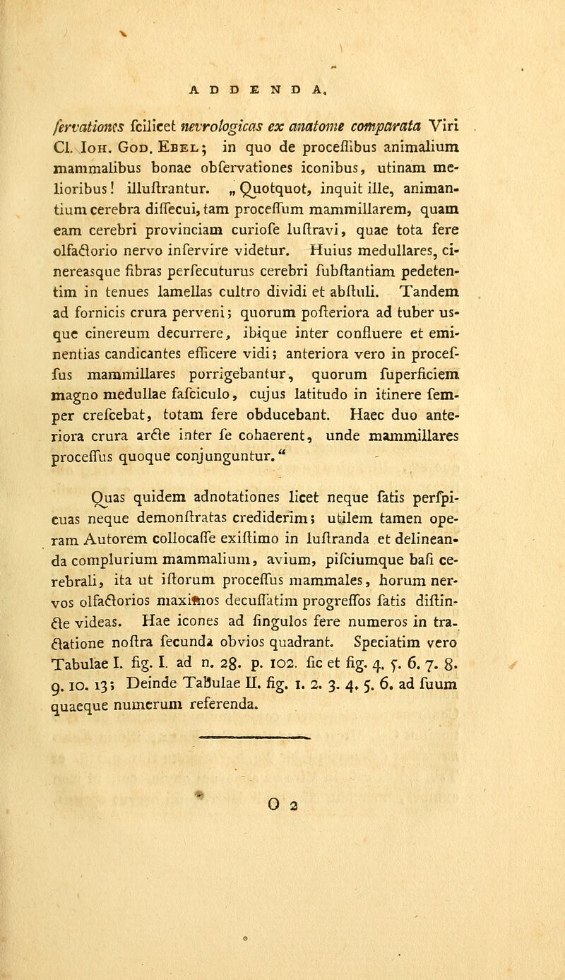 fervatiows fcillcet nevrotogicas ex amtome comparata Viri Cl. loH. GoD, Ebel; in quo de proceffibus animalium mammalibus bonae obfervationes iconibus, utinam me- lioribus! illuftrantur. „ Quotquot, inquit ille, animan- tium cerebra diffccui, tam proceffum mammillarem, quam eam cerebri provinciam curiofe luflravi, quae tota fere olfadorio nervo infervire videtur. Huius medullares, ci- nereasque fibras perfecuturus cerebri fubflantiam pedeten- tim in tenues lamellas cultro dividi et abfluli. Tandem ad fornicis crura perveni; quorum pofleriora ad tuber us- que cinereum decurrere, ibique inter confluere et emi- nentias candicantes efHcere vidi; anteriora vero in procef- fus maramillares porrigebantur, quorum fuperficiem magno medullae fafciculo, cujus latitudo in itinere fem- per crefcebat, totam fere obducebant Haec duo ante- riora crura arde inter fe cohaerent, unde mammillares proceffus quoque conjunguntur. Quas quidem adnotationes licet neque fatis perfpi- cuas neque demonflratas crediderim; utilem tamen ope- ram Autorem collocafTe exiftimo in luflranda et delinean- da complurium mammalium, avium, pifciumque bafi ce- rebrali, ita ut iflorum proceffus mammales, horum ner- vos olfadorios maxiftios decuffatim progreffos fatis diflin- fte videas. Hae icones ad fingulos fere numeros in tra- ftatione noflra fecunda obvios quadrant. Speciatim vero Tabulae I. fig. I. ad n. 2%. p. 102. fic et fig. 4. y. 6. 7. 8- 9.10. 13; Deinde TaBulae II. fig. i. 2. 3. 4, 5. 6. ad fuum quaeque numcrum referenda. 0 3