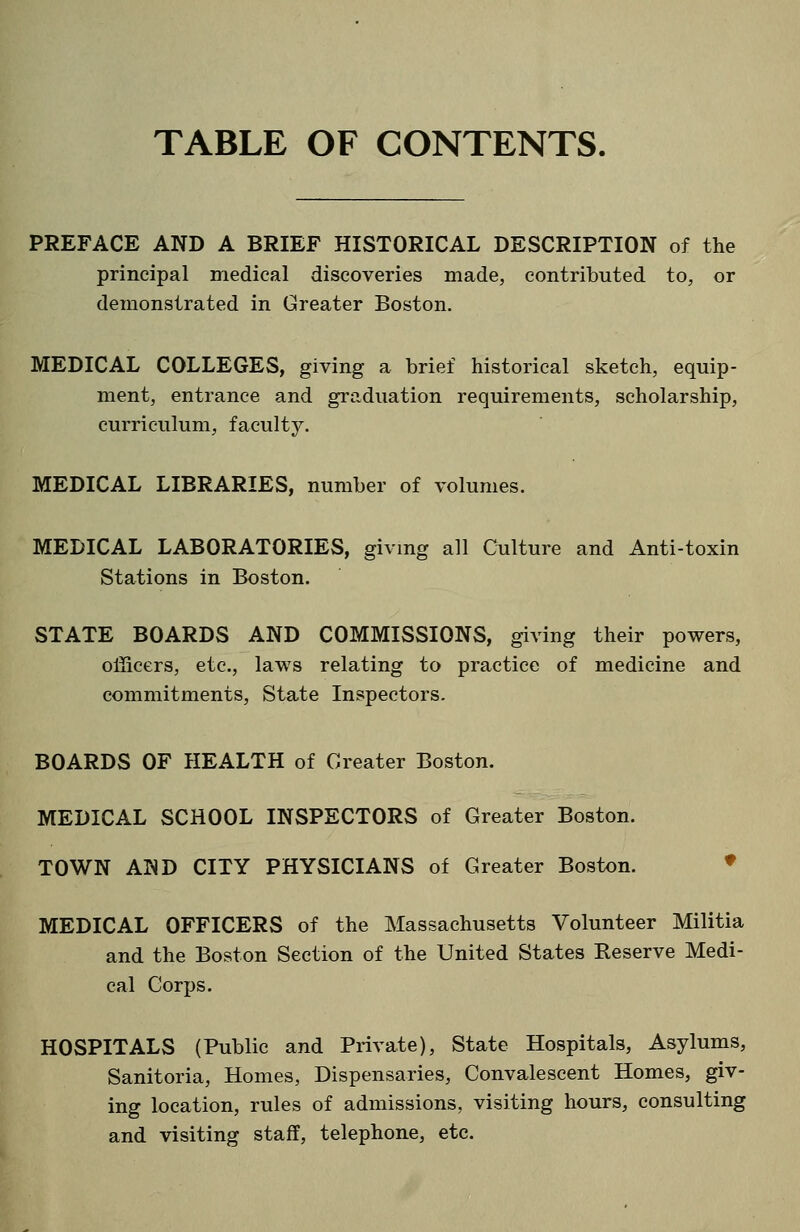 TABLE OF CONTENTS. PREFACE AND A BRIEF HISTORICAL DESCRIPTION of the principal medical discoveries made, contributed to, or demonstrated in Greater Boston. MEDICAL COLLEGES, giving a brief historical sketch, equip- ment, entrance and graduation requirements, scholarship, curriculum, faculty. MEDICAL LIBRARIES, number of volumes. MEDICAL LABORATORIES, givmg all Culture and Anti-toxin Stations in Boston. STATE BOARDS AND COMMISSIONS, giving their powers, officers, etc., laws relating to practice of medicine and commitments, State Inspectors. BOARDS OF HEALTH of Greater Boston. MEDICAL SCHOOL INSPECTORS of Greater Boston. TOWN AND CITY PHYSICIANS of Greater Boston. ♦ MEDICAL OFFICERS of the Massachusetts Volunteer Militia and the Boston Section of the United States Reserve Medi- cal Corps. HOSPITALS (Public and Private), State Hospitals, Asylums, Sanitoria, Homes, Dispensaries, Convalescent Homes, giv- ing location, rules of admissions, visiting hours, consulting and visiting staff, telephone, etc.