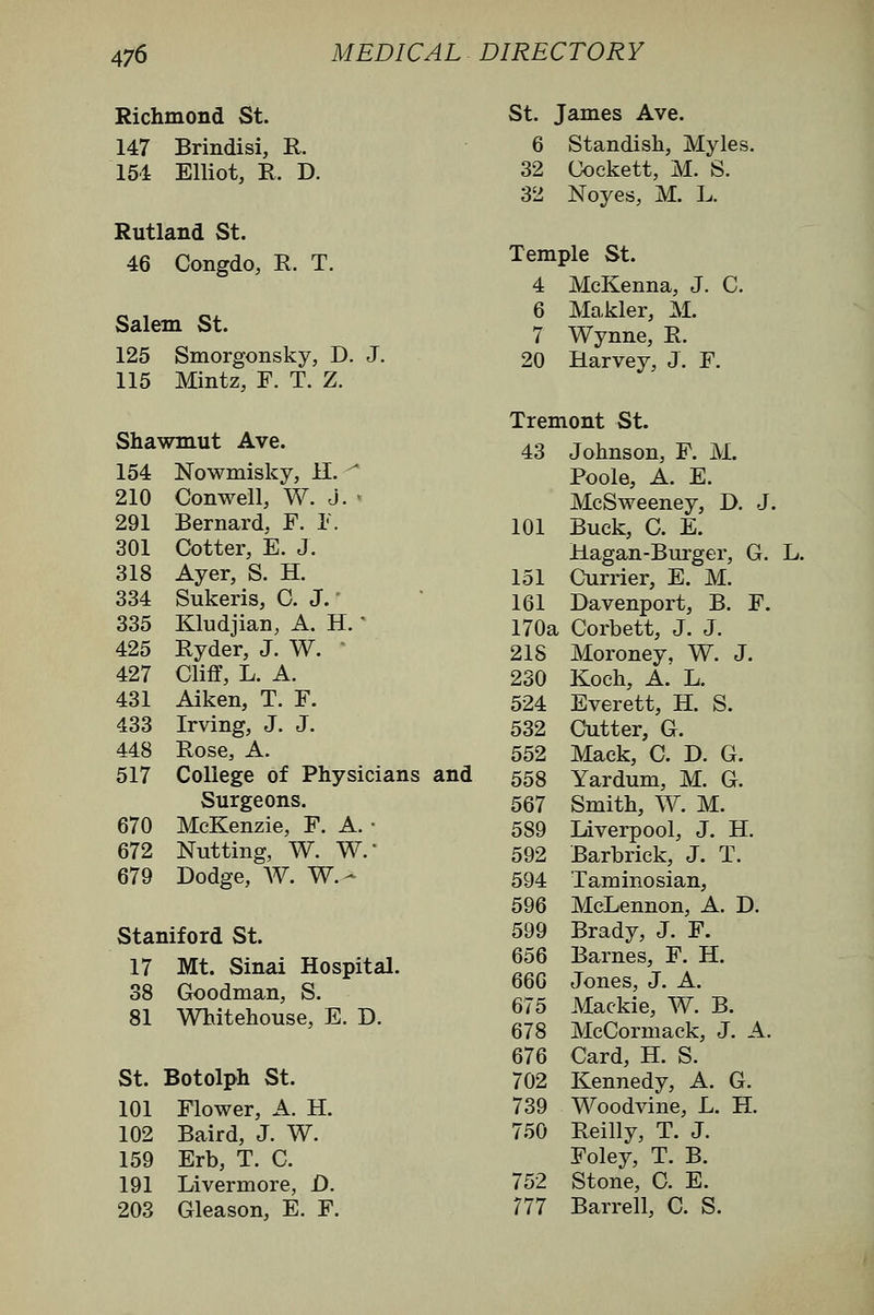 Richmond St. 147 Brindisi, R. 154 Elliot, R. D. Rutland St. 46 Congdo, R. T. Salem St. 125 Smorgonsky, D. J. 115 Mintz, F. T. Z. Shawmut Ave. 154 Nowmisky, H.  210 Conwell, W. J. - 291 Bernard, F. F. 301 Cotter, E. J. 318 Ayer, S. H. 334 Sukeris, 0. J. ' 335 Kludjian, A. H. ' 425 Ryder, J. W.  427 Cliff, L. A. 431 Aiken, T. F. 433 Irving, J. J. 448 Rose, A. 517 College of Physicians and Surgeons. 670 McKenzie, F. A. • 672 Nutting, W. W. 679 Dodge, AV. W.- Staniford St. 17 Mt. Sinai Hospital. 38 Goodman, S. 81 Whitehouse, E. D. St. Botolph St. 101 Flower, A. H. 102 Baird, J. W. 159 Erb, T. C. 191 Livermore, D. 203 Gleason, E. F. St. James Ave. 6 Standish, Myles. 32 Cockett, M. S. 32 Noyes, M. L. Temple St. 4 McKenna, J. C. 6 Makler, M. 7 Wynne, R. 20 Harvey, J. F. Tremont St. 43 Johnson, F. M. Poole, A. E. McSweeney, D. J. 101 Buck, C. E. Hagan-Burger, G. L. 151 Currier, E. M. 161 Davenport, B. F. 170a Corbett, J. J. 218 Moroney, W. J. 230 Koch, A. L. 524 Everett, H. S. 532 Cutter, G. 552 Mack, C. D. G. 558 Yardum, M. G. 567 Smith, W. M. 589 Liverpool, J, H. 592 Barbrick, J. T. 594 Taminosian, 596 McLennon, A. D. 599 Brady, J. F. 656 Barnes, F. H. 660 Jones, J. A. 675 Mackie, W. B. 678 McCormack, J. A. 676 Card, H. S. 702 Kennedy, A. G. 739 Woodvine, L. H. 750 Reilly, T. J. Foley, T. B. 752 Stone, 0. E. 777 Barren, C. S.