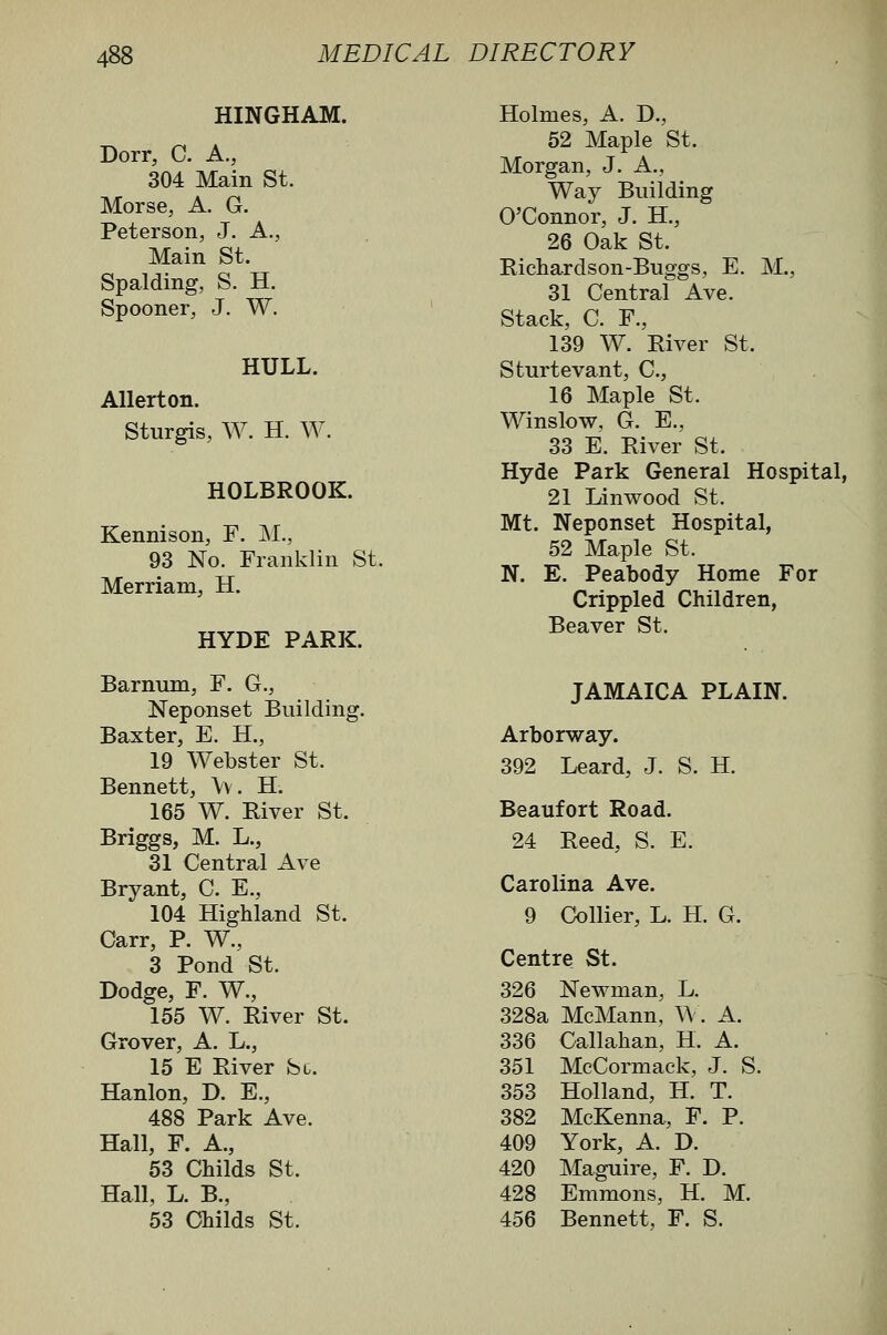 HINGHAM. Dorr, C. A., 304 Main St. Morse, A. G. Peterson, J. A., Main St. Spalding, S. H. Spooner, J. W. HULL. Allerton. Sturgis, W. H. W. HOLBROOK. Kennison, F. M., 93 No. Franklin St. Merriam, H. HYDE PARK. Barnmn, F. G., Neponset Building. Baxter, E. H., 19 Webster St. Bennett, \\. H. 165 W. River St. Briggs, M. L., 31 Central Ave Bryant, C. E., 104 Highland St. Carr, P. W., 3 Pond St. Dodge, F. W., 155 W. River St. Grover, A. L., 15 E River St. Hanlon, D. E., 488 Park Ave. Hall, F. A., 53 CMlds St. Hall, L. B., 53 Childs St. Holmes, A. D., 52 Maple St. Morgan, J. A., Way Building O'Connor, J. H., 26 Oak St. Richardson-Buggs, E. M., 31 Central Ave. Stack, C. F., 139 W. River St. Sturtevant, C, 16 Maple St. Winslow, G. E., 33 E. River St. Hyde Park General Hospital, 21 Linwood St. Mt. Neponset Hospital, 52 Maple St. N. E. Peabody Home For Crippled Children, Beaver St. JAMAICA PLAIN. Arborway. 392 Leard, J. S. H. Beaufort Road. 24 Reed, S. E. Carolina Ave. 9 Collier, L. H. G. Centre St. 326 Newman, L. 328a McMann, \\. A. 336 Callahan, H. A. 351 McCormack, J. S. 353 Holland, H. T. 382 McKenna, F. P. 409 York, A. D. 420 Maguire, F. D. 428 Emmons, H. M. 456 Bennett, F. S.