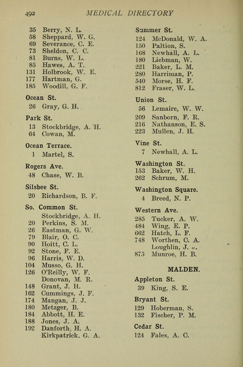 35 Berry, N. L. 58 Sheppard, W. G. 69 Severance, C. E. 73 Sheldon, C. C. 81 Burns, W. L. 85 Hawes, A. T. 131 Holbrook, W. E. 177 Hartman, G. 185 Woodill, G. F. Ocean St. 26 Gray, G. H. Park St. 13 Stockbridge, A. H. 64 Cowan, M. Ocean Terrace. 1 Martel, S. Rogers Ave. 48 Chase, W. B. Silsbee St. 20 Richardson, B. F. So. Common St. Stockbridge. A. H. 20 Perkins, S.M. 26 Eastman, G. W. 79 Blair, 0. C. 90 Hoitt, C. L. 92 Stone, F. E. 96 Harris, W. D. 104 Musso, G. H. 126 O'Reilly, W. F. Donovan, M. R. 148 Grant, J. H. 162 Cnmmings, J. F. 174 Mangan, J. J. 180 Metzger, B. 184 Abbott, H. E. 188 Jones, J. A. 192 Danforth, H. A. Kirkpatrick, G. A. Summer St. 124 McDonald, W. A. 150 Paltion, S. 168 Newhall, A. L. ' 180 Liebman, W. 221 Baker, L. M. 280 Harriman, P. 540 Morse, H. F. 812 Eraser, W. L. Union St. 56 Lemaire, W. W. 209 Sanborn, F. R. 216 Nathanson, E. S. 223 Mullen, J. H. Vine St. 7 Newhall, A. L. Washington St. 153 Baker, W. H. 262 Schrum, M. Washington Square. 4 Breed, N. P. Western Ave. 285 Tucker, A. W. 484 Wing, E. P. 662 Hatch, L. F. 748 Worthen, O. A. Loughlin, J. u. 875 Munroe, H. B. MALDEN. Appleton St. 39 King, S. E. Bryant St. 129 Hoberman, S. 132 Fischer, P. M. Cedar St. 124 Fales, A. O.