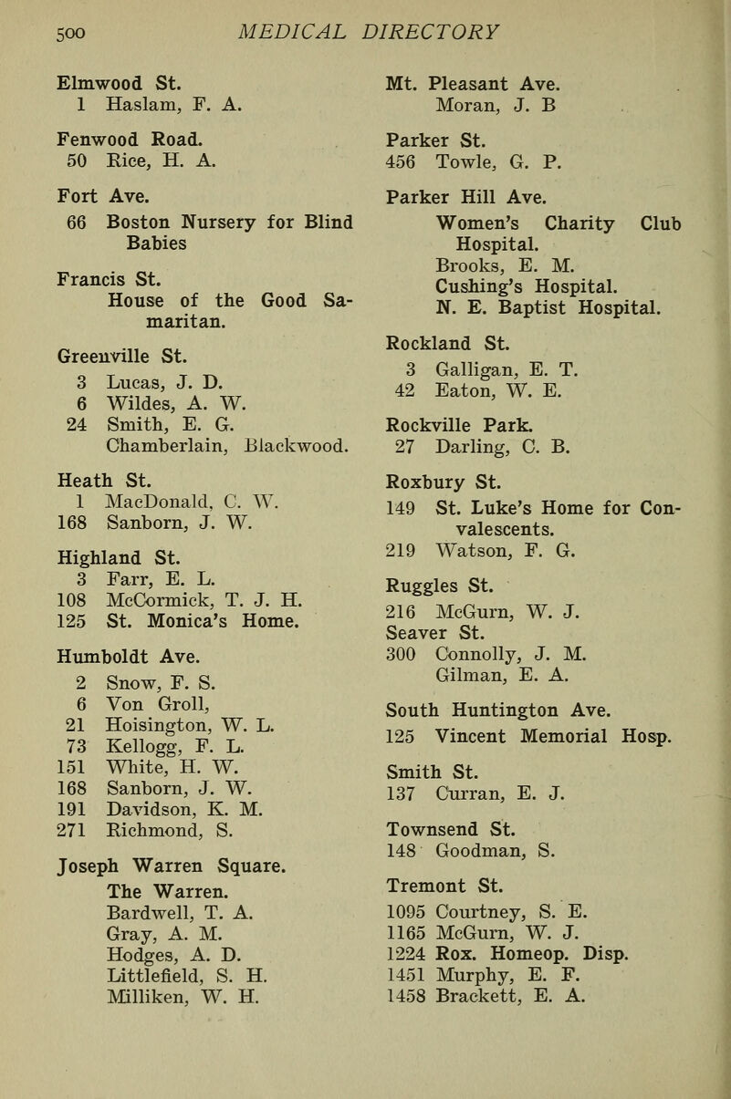 Elmwood St. 1 Haslam, F. A. Fenwood Road. 50 Rice, H. A. Fort Ave. 66 Boston Nursery for Blind Babies Francis St. House of the Good Sa- maritan. Greenville St. 3 Lucas, J. D. 6 Wildes, A. W. 24 Smith, E. G. Chamberlain, Blackwood. Heath St. 1 MacDonald, C. W. 168 Sanborn, J. W. Highland St. 3 Farr, E. L. 108 McCormick, T. J. H. 125 St. Monica's Home. Humboldt Ave. 2 Snow, F. S. 6 Von Groll, 21 Hoisington, W. L. 73 Kellogg, F. L. 151 White, H. W. 168 Sanborn, J. W. 191 Davidson, K. M. 271 Richmond, S. Joseph Warren Square. The Warren. Bardwell, T. A. Gray, A. M. Hodges, A. D. Littlefield, S. H. Milliken, W. H. Mt. Pleasant Ave. Moran, J. B Parker St. 456 Towle, G. P. Parker Hill Ave. Women's Charity Club Hospital. Brooks, E. M. Cushing's Hospital. N. E. Baptist Hospital. Rockland St. 3 Galligan, E. T. 42 Eaton, W. E. Rockville Park. 27 Darling, C. B. Roxbury St. 149 St. Luke's Home for Con- valescents. 219 Watson, F. G. Ruggles St. 216 McGurn, W. J. Seaver St. 300 Connolly, J. M. Gilman, E. A. South Huntington Ave. 125 Vincent Memorial Hosp. Smith St. 137 Curran, E. J. Townsend St. 148 Goodman, S. Tremont St. 1095 Courtney, S. E. 1165 McGum, W. J. 1224 Rox. Homeop. Disp. 1451 Murphy, E. F. 1458 Brackett, E. A.