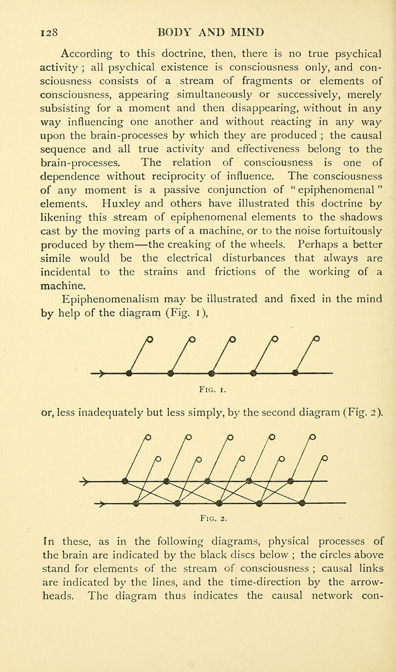 According to this doctrine, then, there is no true psychical activity ; all psychical existence is consciousness only, and con- sciousness consists of a stream of fragments or elements of consciousness, appearing simultaneously or successively, merely subsisting for a moment and then disappearing, without in any w^ay influencing one another and without reacting in any way upon the brain-processes by which they are produced ; the causal sequence and all true activity and effectiveness belong to the brain-processes. The relation of consciousness is one of dependence without reciprocity of influence. The consciousness of any moment is a passive conjunction of  epiphenomenal elements. Huxley and others have illustrated this doctrine by likening this stream of epiphenomenal elements to the shadows cast by the moving parts of a machine, or to the noise fortuitously produced by them—the creaking of the wheels. Perhaps a better simile would be the electrical disturbances that always are incidental to the strains and frictions of the working of a machine. Epiphenomenalism may be illustrated and fixed in the mind by help of the diagram (Fig. i), Fig. I. or, less inadequately but less simply, by the second diagram (Fig. 2). Fig. 2. Tn these, as in the following diagrams, physical processes of the brain are indicated by the black discs below ; the circles above stand for elements of the stream of consciousness ; causal links are indicated by the lines, and the time-direction by the arrow- heads. The diagram thus indicates the causal network con-
