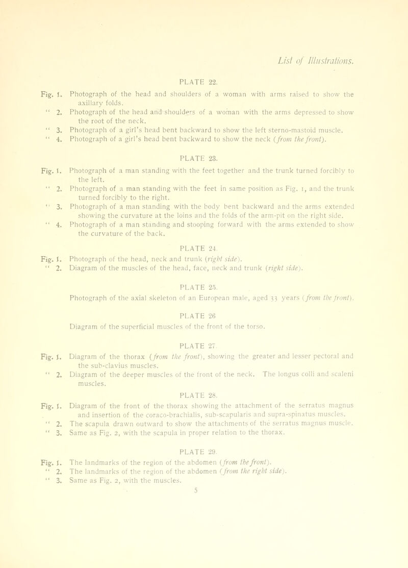 PLATE 22. Fig. J. Photograph of the head and shoulders of a woman with arms raised to show the axillary folds.  2. Photograph of the head and shoulders of a woman with the arms depressed to show the root of the neck.  3. Photograph of a girl's head bent backward to show the left sterno-mastoid muscle.  4. Photograph of a girl's head bent backward to show the neck {from the front). PLATE 23. Fig. I. Photograph of a man standing with the feet together and the trunk turned forcibly to the left.  2. Photograph of a man standing with the feet in same position as Fig. i, and the trunk turned forcibly to the right.  3. Photograph of a man standing with the body bent backward and the arms extended showing the curvature at the loins and the folds of the arm-pit on the right side.  4. Photograph of a man standing and stooping forward with the arms extended to show the curvature of the back. PLATE 24. Fig. I. Photograph of the head, neck and trunk {right side).  2. Diagram of the muscles of the head, face, neck and trunk {right side). PLATE 2.5. Photograph of the axial skeleton of an European male, aged 33 years (from the front). PLATE 26 Diagram of the superficial muscles of the front of the torso. PLATE 27. Fig. J. Diagram of the thorax {from the front), showing the greater and lesser pectoral and the sub-clavius muscles.  2. Diagram of the deeper muscles of the front of the neck. The longus colli and scaleni muscles. PLATE 28. Fig. J. Diagram of the front of the thorax showing the attachment of the serratus magnus and insertion of the coraco-brachialis, sub-scapularis and supra-spinatus muscles.  2. The scapula drawn outward to show the attachments of thtj serratus magnus muscle.  3. Same as Fig. 2, with the scapula in proper relation to the thorax. PLATE 29. Fig. I. The landmarks of the region of the abdomen {from the front).  2. The landmarks of the region of the abdomen (from the right side).  3. Same as Fig. 2, with the muscles.