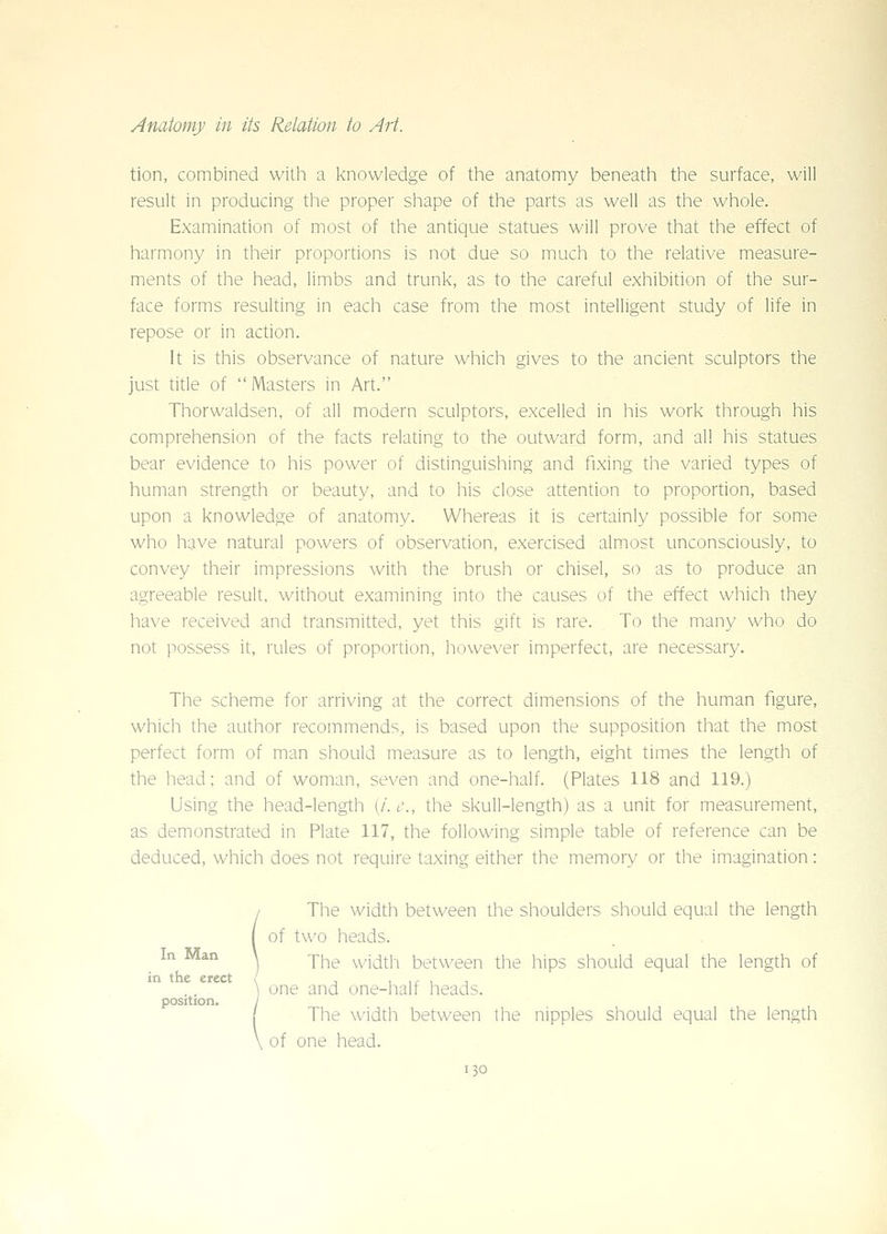tion, combined with a knowledge of the anatomy beneath the surface, will result in producing the proper shape of the parts as well as the whole. Examination of most of the antique statues will prove that the effect of harmony in their proportions is not due so much to the relative measure- ments of the head, limbs and trunk, as to the careful exhibition of the sur- face forms resulting in each case from the most intelligent study of life in repose or in action. It is this observance of nature which gives to the ancient sculptors the just title of Masters in Art. Thorwaldsen, of all modern sculptors, excelled in his work through his comprehension of the facts relating to the outward form, and all his statues bear evidence to his power of distinguishing and fixing the varied types of human strength or beauty, and to his close attention to proportion, based upon a knowledge of anatomy. Whereas it is certainly possible for some who have natural powers of observation, exercised almost unconsciously, to convey their impressions with the brush or chisel, so as to produce an agreeable result, without examining into the causes of the effect which they have received and transmitted, yet this gift is rare. To the many who do not possess it, rules of proportion, liowever imperfect, are necessary. The scheme for arriving at the correct dimensions of the human figure, which the author recommends, is based upon the supposition that the most perfect form of man should measure as to length, eight times the length of the head; and of woman, seven and one-half. (Plates 118 and 119.) Using the head-length (/. c, the skull-length) as a unit for measurement, as demonstrated in Plate 117, the following simple table of reference can be deduced, which does not require taxing either the memory or the imagination: In Man in the erect position. The width between the shoulders should equal the length of two heads. The width between the hips should equal the length of one and one-half heads. The width between the nipples should equal the length of one head.