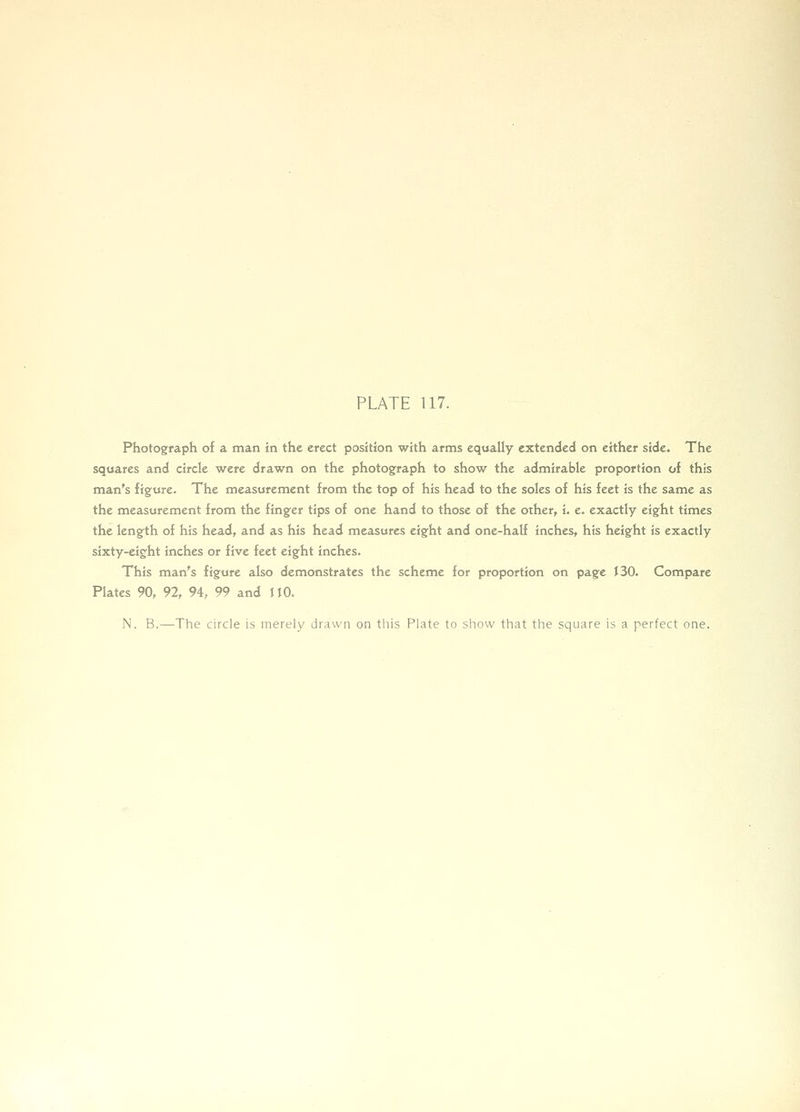 Photograph of a man in the erect position with arms equally extended on either side. The squares and circle were drawn on the photograph to show the admirable proportion of this man's figure. The measurement from the top of his head to the soles of his feet is the same as the measurement from the finger tips of one hand to those of the other, i. e. exactly eight times the length of his head, and as his head measures eight and one-half inches, his height is exactly sixty-eight inches or five feet eight inches. This man's figure also demonstrates the scheme for proportion on page 130. Compare Plates 90, 92, 94, 99 and HO. N. B.—The circle is merely drawn on this Plate to show that the square is a perfect one.