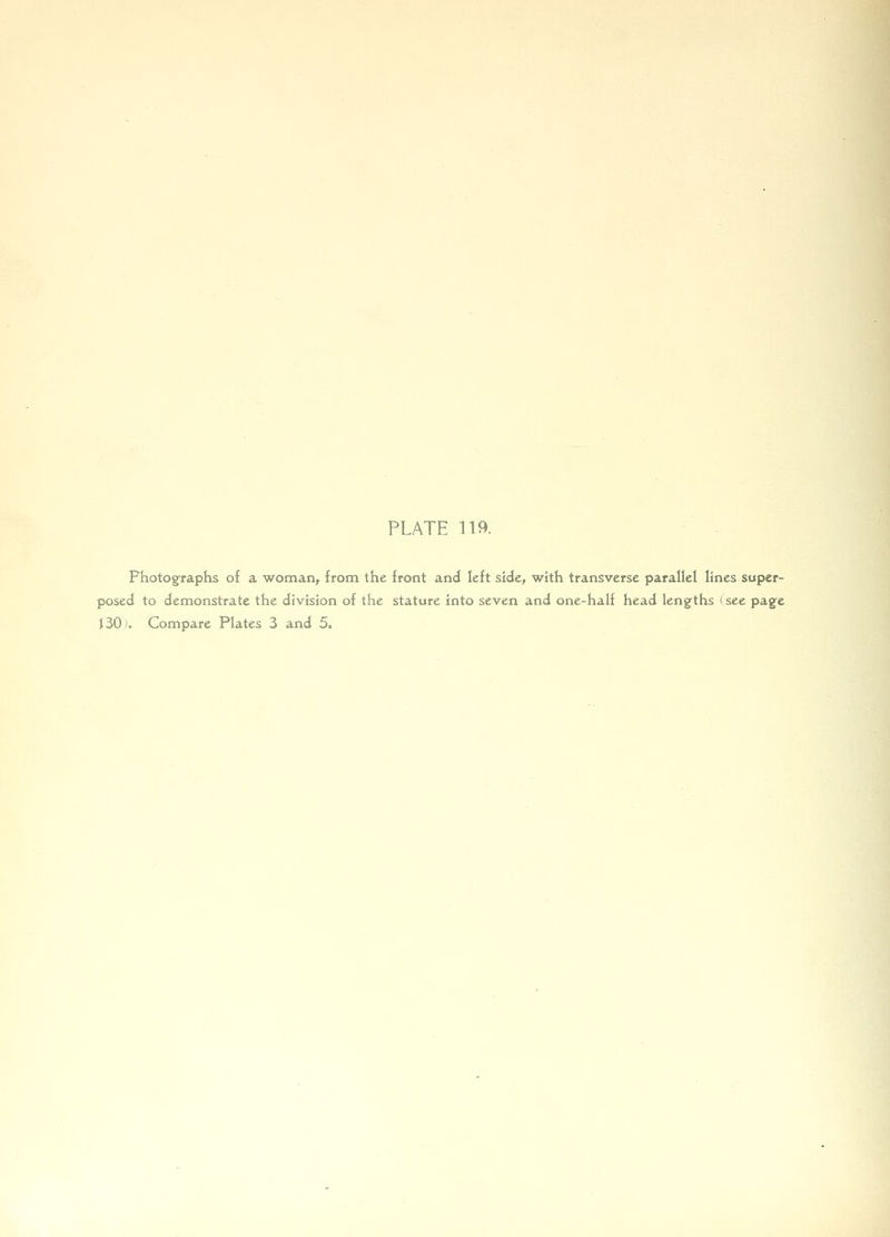 PLATE na Photographs of a woman, from the front and left side, with transverse parallel lines super- posed to demonstrate the division of the stature into seven and one-half head lengfths (see page
