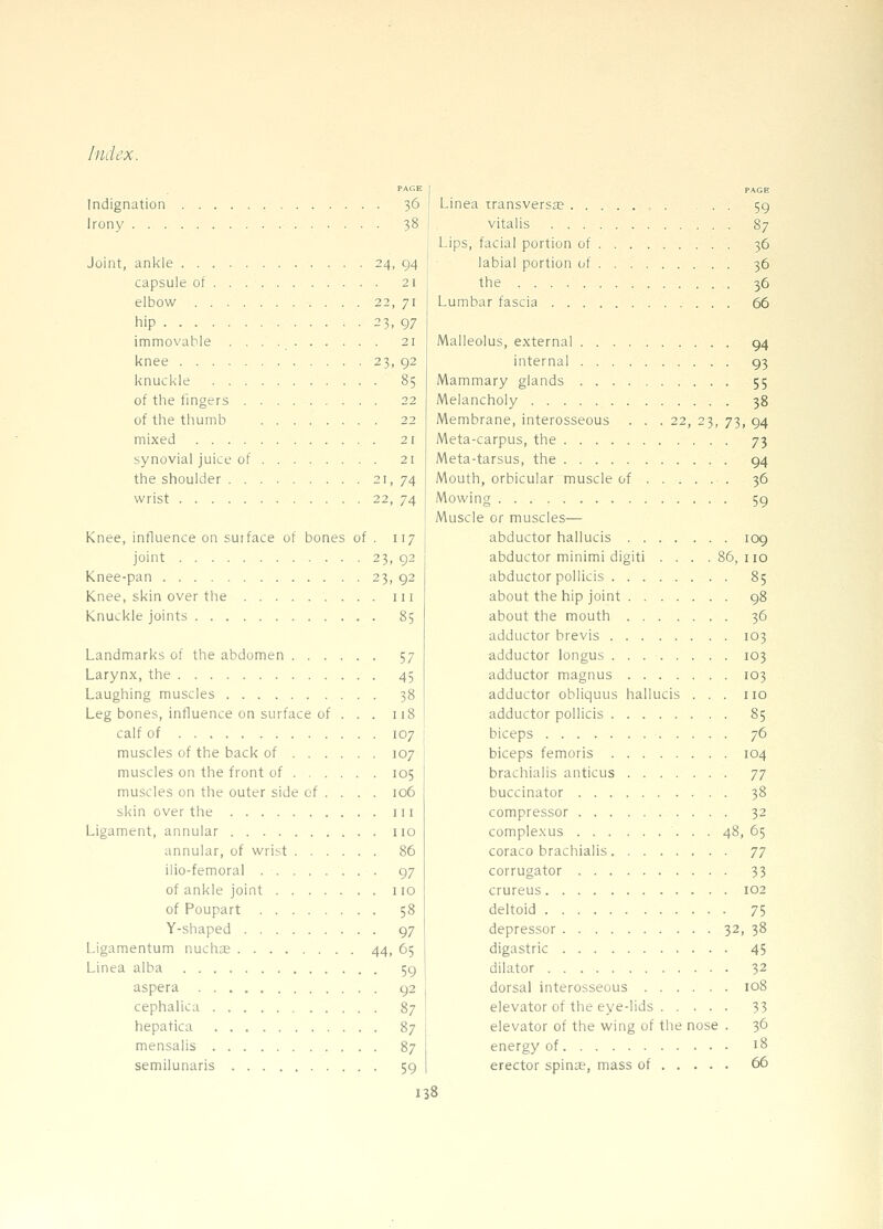 PAGE Indignation 36 Irony 38 Joint, anl<ie 24, 94 capsule of 21 elbow 22, 71 hip 23, 97 immovable 21 knee 23, 92 knuckle 85 of the fingers 22 of the thumb 22 mixed 21 synovial juice of 21 the shoulder 21, 74 wrist 22, 74 Knee, influence on surface of bones of . 117 joint 23, 92 Knee-pan 23, 92 Knee, skin over the iii Knuckle joints 85 Landmarks of the abdomen 57 Larynx, the 45 Laughing muscles 38 Leg bones, influence on surface of ... 118 calf of 107 muscles of the back of 107 muscles on the front of 105 muscles on the outer side of . . . . 106 skin over the 111 Ligament, annular no annular, of wrist 86 ilio-femoral 97 of ankle joint 110 of Poupart 58 Y-shaped 97 Ligamentum nuchte 44, 65 Linea alba 59 aspera 92 cephalica 87 hepatica 87 mensalis 87 semilunaris 59 138 Linea iransversje . ... 59 vitalis 87 Lips, facial portion of 36 labial portion of . . 36 the 36 Lumbar fascia 66 Malleolus, external 94 internal 93 Mammary glands 55 Melancholy 38 Membrane, interosseous . . .22, 23, 73, 94 Meta-carpus, the 73 Meta-tarsus, the 94 Mouth, orbicular muscle of 36 Mowing 59 Muscle or muscles— abductor hallucis 109 abductor minimi digiti . . . .86,110 abductor poUicis 85 about the hip joint 98 about the mouth 36 adductor brevis 103 adductor longus 103 adductor magnus 103 adductor obliquus hallucis ... no adductor pollicis 85 biceps 76 biceps femoris 104 brachialis anticus yj buccinator 38 compressor 32 complexus 48, 65 coraco brachialis jj corrugator 33 crureus 102 deltoid 75 depressor 32, 38 digastric 45 dilator 32 dorsal interosseous 108 elevator of the eye-lids 33 elevator of the wing of the nose . 36 energy of 18 erector spinas, mass of 66