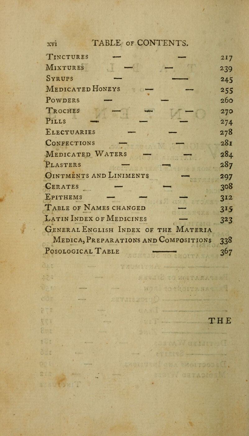 Tinctures — — 217 Mixtures — — 239 Syrups — 245 Medicated Honeys — — 255 Powders — — 260 Troches «— *^ — 270 Pills —«• — — 274 Electuaries — — 278 Confections — — 281 -Medicated Waters — —. 284 Plasters — —* 287 Ointments and Liniments — 297 Cerates — *-^ 308 Epithems — — — - 212 Table OF Names changed — 315 Latin Index OF Medicines — 323 Gjeneral English Index of the Materia Medica, Preparations and Compositions 338 Posological Table ■ 367 THE