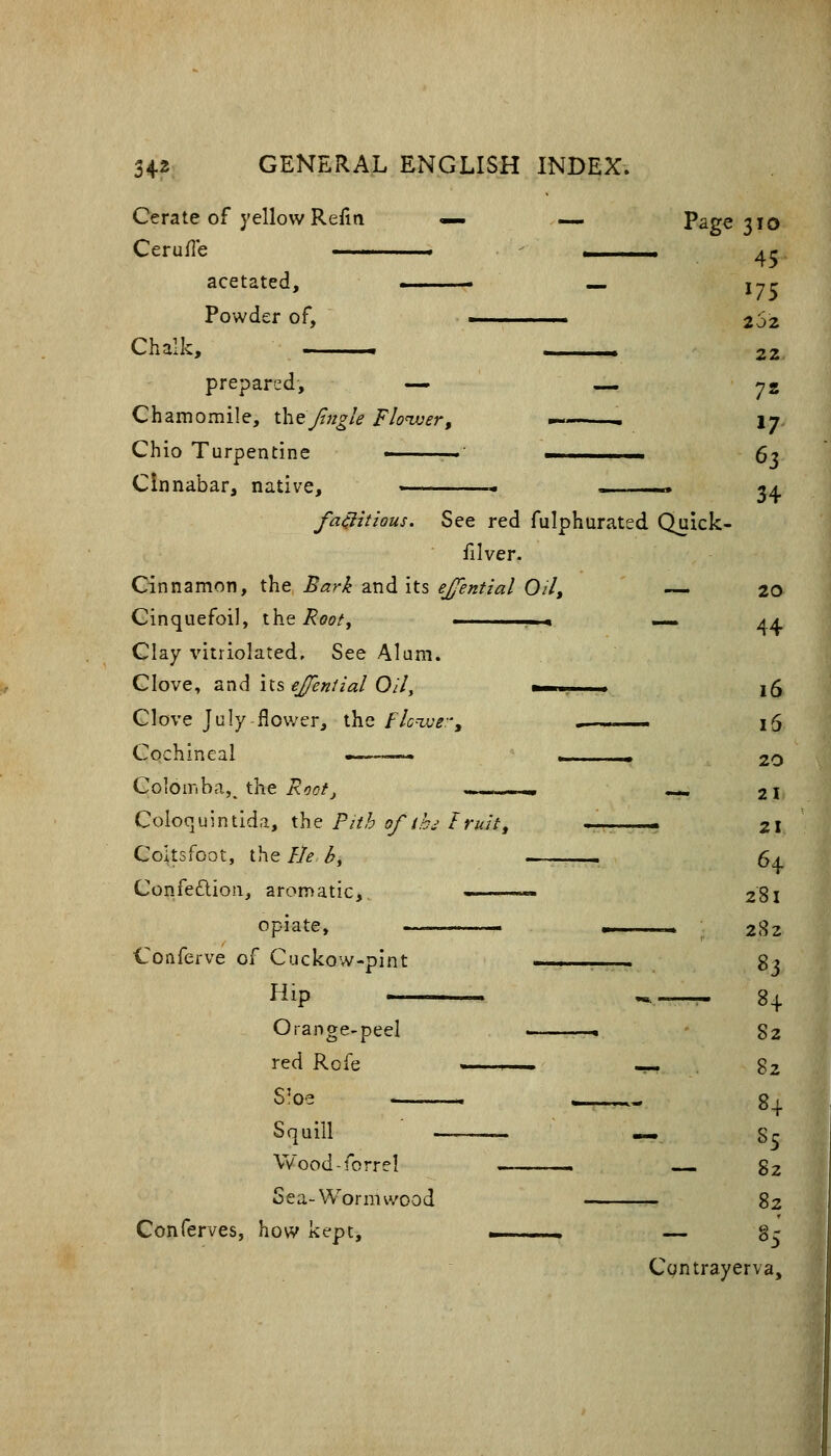 Cerate of yellow Reilti <«. — Page 310 Ceruffe • • < ■ ^r acetated, ■ — jjr Powder of, ■ 262 22 Chalk, _ prepared, — — 72 Chamomile, \.htJingle Floiver, -— . 17, Chio Turpentine ' ■■ 6j Cinnabar, native, - ,. ^4 fa^itious. See red fulphurated Quick- filver. Cinnamon, the Bark and its ej/ential Oil, — 20 Cinquefoil, i\it Root^ . » — a a Clay vitriolated. See Alum. Clove, znd hs ejenflal O/l, ■ l5 Clove July flov/er, the flc^e:-^ , i5 Cochineal >- ■. , 20 Colomba, the i?<?c/j , --, 21 Coioquintida, the P///;) ff/'/,>'.-•/nJ/, ——- 21 Coltsfoot, the He b, — 1 Sa. :sf( Confeflioii, aromatic. 281 opiate, ■ 2S2 Conferve of Cuckow-pint .. , gj Plip .- ^ « g_j_ Orange-peel ■ 82 red Rofe 1 ■ —. 82 S'oe Squill — S5 VVood-forrel ■ . ,.. 2>z Sea-Worm wood 82 Conferves, how keptj 3 Con tray erva.