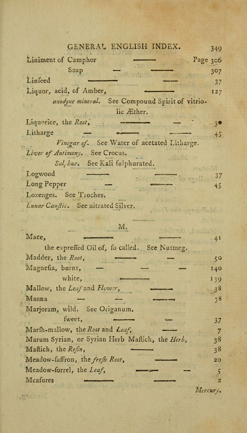 Liniment of Camphor ■ Page 306 Soap — ■ 307 Linreed ,_—, ^^ Liquor, acid, of Amber, ■ 127 anodyne mineral. See Compound Spirit of vitrio- lic ^ther. Liquorice, the Root, ■■^^-—»— — * 3© Litharge — ■—'■'■-« •—-^—• 45 Vmegar of. See Water of acetated Litharge^ Li'ver of Antimony, See Crocus. Sulphur* See Kali fulphurated. Logwood —»-r .-=.^-^--« 2-7 Long Pepper — •«-»=-=-. 4^ Lozenges. See Tioches. LuTiarCaufic, See nitrated Silver. M. Mace, ■ .-,,._^ 41 the exprefled Oil of, fo called. See Nutmeg. Madder, the Rooty —««—:«. — (jO Magnefia, burnt, — — — 140 white, ——-— 139 Mallow, the I^^Tand f/iw-'r, - 38 Manna — — ■ ». nr, 38 Marjoram, v/ild. See Origanum. fweet, >■— - ^ 37 Marfh-mallow, thei^cc/and Leaf —. 7 Marum Syrian, or Syrian Herb Maftich, the Herb, 38 Maftich, \.l[itRefny - 38 Meadow-fafFron, t\it frejh Root, ■ 20 Meadow-forrelj the Leaf i^ - — 5 Meafures - ' -'■ ■■ 2 Mercury,