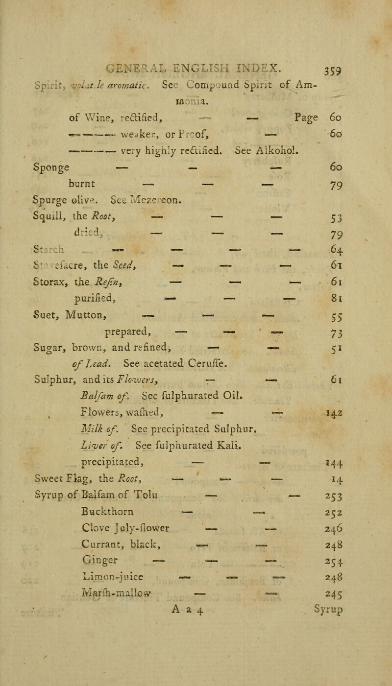 Spirit, ijoljLt.k aromatic. See Compound Spirit of Am- monia. of Wine, re(5lified, — — Page 60 ■«^ weaker, orFrcof, — 60 — very higiily reftiiied. See Alkohol. Sponge —. «- — 60 burnt — — — 79 Spurge olive. Set Ivlezereon. Squili, the Root, — — — 53 dried, — —. _ 79 Starch — . — •— — 64 St-'efacre, the Seed, — .— — 6i Storax, the Refin, — — — 61 puriiied, — — — 8i Suet, Mutton, — — — 55 prepared, — — «-. y^ Sugar, brown, and refined, — —• 51 ef Lead. See acetated CerulTe. Sulphur, and its jp/oaurr/, ■— — 61 Balfam of. See fulphurated Oil. Flowers, waihed, — —■ 142 Milk of. See precipitated Sulphur. Li'ver of See fulphurated Kali, precipitated, — — 144 Sweet Flag, the R.oct, — — — 14 Syrup of Balfam of Tolu — — 253 Buckthorn — — 252 Clove July-flower —• — 246 Currant, black, — — 248 Ginger — •—• — 254. Limon-juice — — -— 548 Marfii-malloyv — — 245 A a 4 Syrup