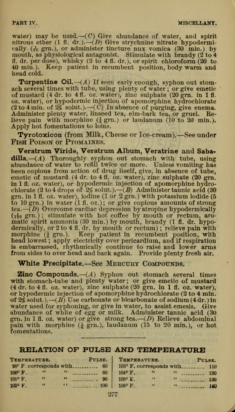 water) may be used.—(C) Give abundance of water, and spirit nitrous ether (1 fl. dr.).—{D) Give strychnine nitrate hypodermi- cally (sV grn.), or administer tincture nux vomica (30 min.) by mouth, as physiological antagonist. Stimulate with brandy (2 to 4 fl. dr. per dose), whisky (3 to 4 fl. dr.), or spirit chloroform (20 to 40 min.). Keep patient in recumbent position, body warm and head cold. Turpentine Oil.—(^) If seen early enough, syphon out stom- ach several times with tube, using plenty of water ; or give emetic of mustard (4 dr. to 4fl. oz. water), zinc sulphate (20 grn. in 1 fl. oz. water), or hypodermic injection of apomorphine hydrochlorate (2 to 4 min. of 2^ solut.).—(6^) In absence of purging, give enema. Administer plenty water, linseed tea, elm-bark tea, or gruel. Re- lieve pain with morphine (J grn.) or laudanum (10 to 20 min.). Apply hot fomentations to loins. Tyrotoxicon (from Milk, Cheese or Ice-cream).—See under Fish Poison or Ptomaines. Veratrum Viride, Veratrum Album, Veratrine and Saba- dilla.—{A) Thoroughly syphon out stomach with tube, using abundance of water to refill twice or more. Unless vomiting has been copious from action of drug itself, give, in absence of tube, emetic of mustard (4 dr. to 4 fl. oz. water), zinc sulphate (20 grn. in 1 fl. oz. water), or hypodermic injection of apomorphine hydro- chlorate (2 to 4 drops of 2% solut.).—(^) Administer tannic acid (30 grn. in 1 fl. oz. water), iodine (1 or 2 grn.) with potassium iodide (5 to 10 grn.) in water (1 fl. oz.); or give copious amounts of strong tea.—(Z>) Overcome cardiac depression by atropine hypodermically {jh grn-); stimulate with hot coffee by mouth or rectum, aro- matic spirit ammonia (30 min.) by mouth, brandy (1 fl. dr. hypo- dermically, or 2 to 4 fl. dr. by mouth or rectum); relieve pain with morphine (J grn.). Keep patient in recumbent position, with head lowest; apply electricity over pericardium, and if respiration is embarrassed, rhythmically continue to raise and lower arms from sides to over head and back again. Provide plenty fresh air. White Precipitate.—See Mercury Compounds. Zinc Compounds.—(Jl) Syphon out stomach several times with stomach-tube and plenty water; or give emetic of mustard (4 dr. to 4 fl. oz. water), zinc sulphate (20 grn. in 1 fl. oz. water), or hypodermic injection of apomorphine hydrochlorate (2 to 4 min. of 2% solut.).—(^) Use carbonate or bicarbonate of sodium (4dr.) in water used for syphoning, or give in water, to assist emesis. Give abundance of white of eg^ or milk. Administer tannic acid (80 grn. in 1 fl. oz. water) or give strong tea.—{D) Relieve abdominal pain with morphine (J grn.), laudanum (15 to 20 min.), or hot fomentations. RELATION OF PULSE AND TEMPERATURE Temperature. Pulse. 98<*F. corresponds with 60 ICXFF.   80 lOl^T.  •• 90 102OF.   100 Temperature. Pulse. 103^ F. corresponds with 110 104T, <' «' 120 105° F.  ** 130 106° F.   140