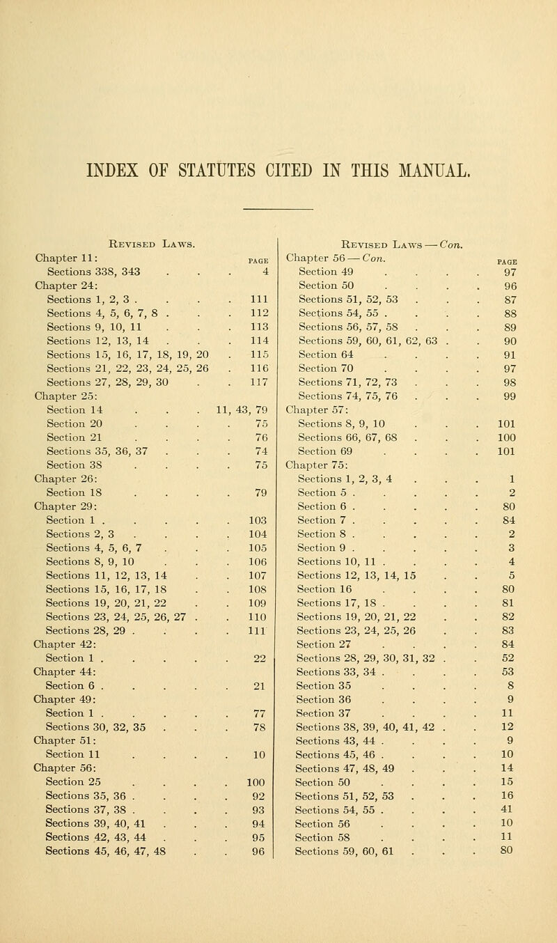 INDEX OF STATUTES CITED IN THIS MANUAL. Revised Laws. Revised Laws — Con. Chapter 11: PAGE Chapter 56 — Con. PAGE Sections 338, 343 .. . 4 Section 49 97 Chapter 24: Section 50 96 Sections 1, 2, 3 . 111 Sections 51, 52, 53 87 Sections 4, 5, 6, 7, 8 . 112 Sections 54, 55 . 88 Sections 9, 10, 11 113 Sections 56, 57, 58 89 Sections 12, 13, 14 . . 114 Sections 59, 60, 61, 62, 63 . 90 Sections 15, 16, 17, 18, 19, 20 115 Section 64 . 91 Sections 21, 22, 23, 24, 25, 26 116 Section 70 97 Sections 27, 28, 29, 30 117 Sections 71, 72, 73 98 Chapter 25: Sections 74, 75, 76 . 99 Section 14 . . .11, 43, 79 Chapter 57: Section 20 . . . . 75 Sections 8, 9, 10 101 Section 21 76 Sections 66, 67, 68 100 Sections 35, 36, 37 74 Section 69 101 Section 38 . 75 Chapter 75: Chapter 26: Sections 1, 2, 3, 4 1 Section 18 . . . . 79 Section 5 . 2 Chapter 29: Section 6 . 80 Section 1 . 103 Section 7 . 84 Sections 2, 3 . . . , 104 Section 8 . 2 Sections 4, 5, 6, 7 105 Section 9 . 3 Sections 8, 9, 10 106 Sections 10, 11 . 4 Sections 11, 12, 13, 14 107 Sections 12, 13, 14, 15 5 Sections 15, 16, 17, 18 108 Section 16 80 Sections 19, 20, 21, 22 109 Sections 17, 18 . 81 Sections 23, 24, 25, 26, 27 . 110 Sections 19, 20, 21, 22 82 Sections 28, 29 . 111 Sections 23, 24, 25, 26 83 Chapter 42: Section 27 84 Section 1 . 22 Sections 28, 29, 30, 31, 32 . 52 Chapter 44: Sections 33, 34 . 53 Section 6 . 21 Section 35 8 Chapter 49: Section 36 . . . . 9 Section 1 . 77 Section 37 . 11 Sections 30, 32, 35 78 Sections 38, 39, 40, 41, 42 . 12 Chapter 51: Sections 43, 44 . 9 Section 11 10 Sections 45, 46 . 10 Chapter 56: Sections 47, 48, 49 . . ' . 14 Section 25 .... 100 Section 50 . 15 Sections 35, 36 . 92 Sections 51, 52, 53 . 16 Sections 37, 38 . 93 Sections 54, 55 . 41 Sections 39, 40, 41 94 Section 56 . . . . 10 Sections 42, 43, 44 . . 95 Section 58 . . . . 11 Sections 45, 46, 47, 48 96 Sections 59, 60, 61 80