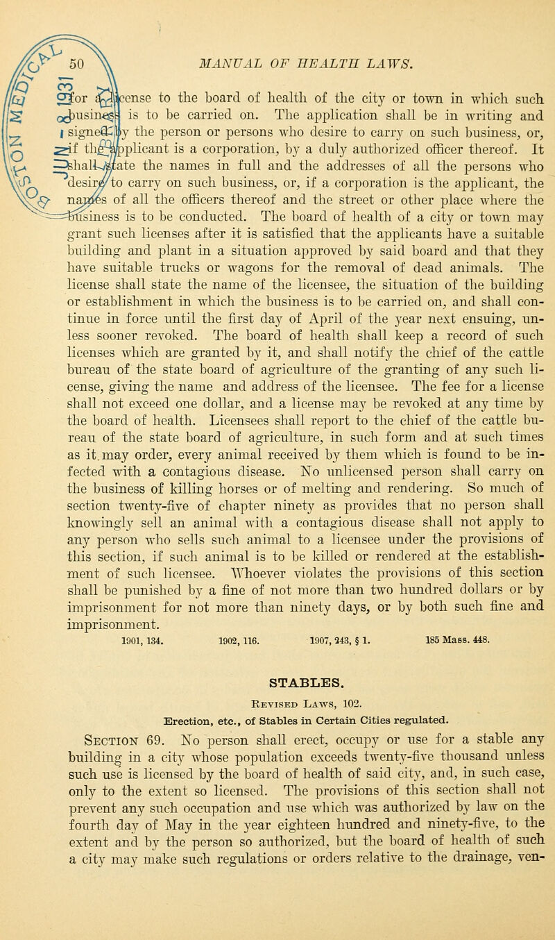 ense to the board of health of the city or town in which such is to be carried on. The application shall be in writing and y the person or persons who desire to carry on such business, or, plicant is a corporation, by a duly authorized officer thereof. It ate the names in full and the addresses of all the persons who carry on such business, or, if a corporation is the applicant, the all the officers thereof and the street or other place where the is to be conducted. The board of health of a city or town may grant such licenses after it is satisfied that the applicants have a suitable building and plant in a situation approved by said board and that they have suitable trucks or wagons for the removal of dead animals. The license shall state the name of the licensee, the situation of the building or establishment in which the business is to be carried on, and shall con- tinue in force until the first day of April of the year next ensuing, un- less sooner revoked. The board of health shall keep a record of such licenses which are granted by it, and shall notify the chief of the cattle bureau of the state board of agriculture of the granting of any such li- cense, giving the name and address of the licensee. The fee for a license shall not exceed one dollar, and a license may be revoked at any time by the board of health. Licensees shall report to the chief of the cattle bu- reau of the state board of agriculture, in such form and at such times as it. may order, every animal received by them which is found to be in- fected with a contagious disease. No unlicensed person shall carry on the business of killing horses or of melting and rendering. So much of section twenty-five of chapter ninety as provides that no person shall knowingly sell an animal with a contagious disease shall not apply to any person who sells such animal to a licensee under the provisions of this section, if such animal is to be killed or rendered at the establish- ment of such licensee. Whoever violates the provisions of this section shall be punished by a fine of not more than two hundred dollars or by imprisonment for not more than ninety days, or by both such fine and imprisonment. 1901, 134. 1902,116. 1907, 243, § 1. 185 Mass. 448. STABLES. Revised Laws, 102. Erection, etc., of Stables in Certain Cities regulated. Section 69. No person shall erect, occupy or use for a stable any building in a city whose population exceeds twenty-five thousand unless such use is licensed by the board of health of said city, and, in such case, only to the extent so licensed. The provisions of this section shall not prevent any such occupation and use which was authorized by law on the fourth day of May in the year eighteen hundred and ninety-five, to the extent and by the person so authorized, but the board of health of such, a city may make such regulations or orders relative to the drainage, ven-