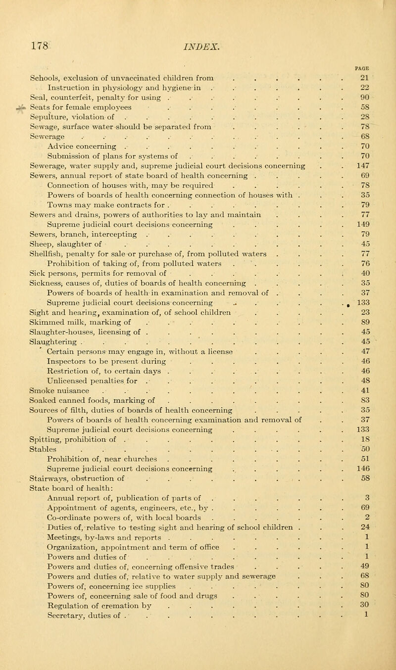 Schools, exclusion of unvaccinated children from Instruction in physiology and hygiene-in Seal, counterfeit, penalty for using . Seats for female employees Sepulture, -violation of Sewage, surface water should be separated from Sewerage Advice concerning ..... Submission of plans for systems of Sewerage, water supply and, supreme judicial court decisions concerning Sewers, annual report of state board of health concerning . Connection of houses with, may be required Powers of boards of health concerning connection of houses with Towns may make contracts for ...... Sewers and drains, powers of authorities to lay and maintain Supreme judicial court decisions concerning Sewers, branch, intercepting . .- . .- . Sheep, slaughter of Shellfish, penalty for sale or purchase of, from polluted waters Prohibition of taking of, from polluted waters . Sick persons, permits for removal of - Sickness; causes of, duties of boards of health concerning Powers of boards of health in examination and removal of . Supreme judicial court decisions concerning Sight and hearing, examination of, of school children Skimmed milk, marking of .- . Slaughter-houses, licensing of . Slaughtering ....... Certain persons may engage in, without a license Inspectors to be present during Restriction of, to certain days . Unlicensed penalties for . Smoke nuisance Soaked canned foods, marking of Sources of filth, duties of boards of health concerning Powers of boards of health concerning examination and removal of Supreme judicial court decisions concerning Spitting, prohibition of . Stables ....... Prohibition of, near churches Supreme judicial court decisions concerning Stairways, obstruction of State board of health: Annual report of, publication of parts of Appointment of agents, engineers, etc., by . Co-ordinate powers of, with local boards Duties of, relative to testing sight and hearing of school children Meetings, by-laws and reports . Organization, appointment and term of office Powers and duties of . Powers and duties of, concerning offensive trades Powers and duties of, relative to water supply and sewerage Powers of, concerning ice supplies ..... Powers of, concerning sale of food and drugs Regulation of cremation by ...... Secretary, duties of .