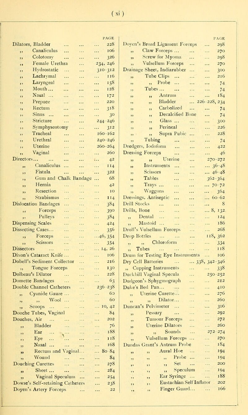 PAGE PAGE Dilators, Bladder . 228 Doyen's Broad Ligament Forceps .. 298 ,, Canaliculus 106 ,, Claw Forceps ... 270 ,, Colotomy • 326 ,, Screw for Myoma 298 ,, Female Urethra 234, 246 ,, Vulsellum Forceps 270 ,, Hydrostatic 310-312 Drainage Sheet, Indiarubber ... .. 3OO ,, Lachrymal . 116 „ Tube Clips ... 2l6 ,, Laryngeal • 158 „ „ Probe 74 ,, Mouth . 128 „ Tubes 74 ,, Nasal ... 172 ,, „ Antrum .. 184 ,, Prepuce 220 ,, „ Bladder ... 226 228, 234 ,, Rectum • 3i8 ,, ,, Carbolized 74 ,, Sinus ... 3° ,, ,, Decalcified Bone 74 ,, Stricture 244-246 „ „ Glass ■• 3°° ,, Symphyseotomy . 312 ,, ,, Perineal 226 ,, Tracheal 160-162 ,, ,, Supra Pubic ... 228 ,, Urethral 240-246 ,, Tubing 74 ,, Uterine 260-264 Dredgers, Iodoform 422 ,, Vaginal 260 Dressing Forceps .. 46 Directors... ... ... ... ; 42 „ „ Uterine 270-272 ,, Canaliculus ... 114 ,, Instruments ... •■ 36-48 ,, Fistula • 322 ,, Scissors .. 46-48 ,, Gum and Chalk Bandage . 68 „ Tables 362-364 ,, Hernia 42 „ Trays .. 70-72 ,, Resection 10 .1 Waggons 364 ,, Strabismus ... 114 Dressings, Antiseptic ... .. 60-62 Dislocation Bandages ... • 384 Drill Stocks 8 „ Forceps • 390 Drills, Bone • • 8, 132 ,, Pulleys • 384 „ Dental .. 124 Dispensing Scales 424 ,, Mastoid ... .. 186 Dissecting Cases... • 356 Droll's Vulsellum Forceps .. 268 ,, Forceps •46, 354 Drop Bottles 118,362 ,, Scissors • 354 ,, ,, Chloroform ■■ 334 Dissectors . 14, 26 ,, Tubes .. 118 Dixon's Cataract Knife ... 106 Drum for Testing Eye Instruments 106 Dobell's Sediment Collector ... 216 Dry Cell Batteries 338, 342^346 ,, Tongue Forceps 130 ,, Cupping Instruments ■• 338 Dolbeau's Dilator 228 Duckbill Vaginal Specula 250-252 Domette Bandages • 63 Dudgeon's Sphygmograph 212 Double Channel Catheters 236-238 Duke's Bed Pan 410 ,, Cyanide Gauze ... 6o ,, Uterine Curette... 276 „ ,, Wool 60 ,, ,, Dilator... 260 ,, Scoops ... . 10, 42 Duncan's Pelvimeter ... .. 306 Douche Tubes, Vaginal 84 ,, Pessary 292 Douches, Air 202 ,, Tumour Forceps 272 ,, Bladder . 76 „ Uterine Dilators 260 Ear ... ^ . 188 ,, ,, Sounds 272-274 Eye ... . 118 ,, Vulsellum Forceps ... 270 „ Nasal . 168 Dundas Grant's Antrum Probe .. 184 „ Rectum and Vaginal... . 80-84 „ ,, Aural Hoe .. 194 ,, Wound . 84 ,, ,, ,, Probe ... • • 194 Douching Curettes . 278 „ Set ... 200 ,, Sheet . 284 ,, ;, >» Speculum 194 ,, Vaginal Speculum ... ■ ■ 254 ,, ,, Ear Syringe ... .. 188 Dowse's Self-retaining Catheters .. 238 ,, ,, Eustachian Self Inflat or 202 Doyen's Artery Forceps 22 ,, „ Finger Guard... ... 166