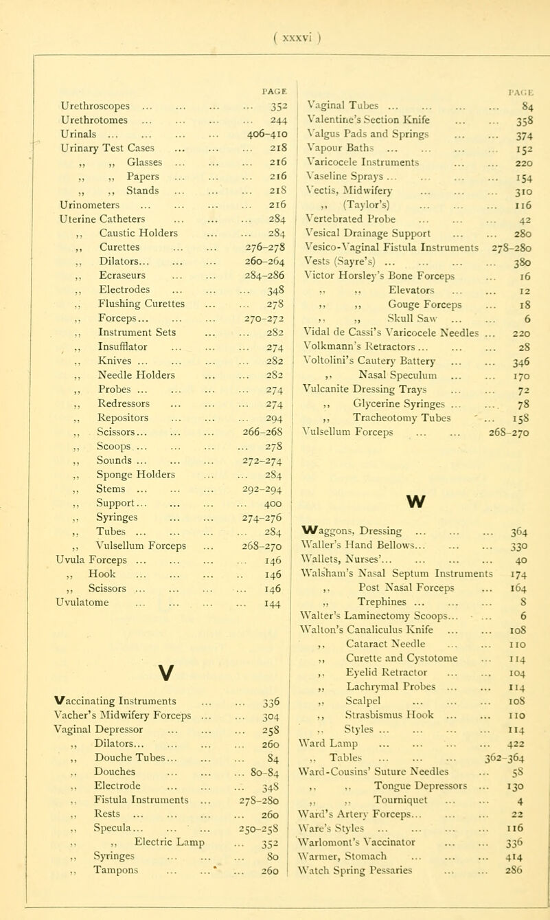 Urethroscopes ... Urethrotomes Urinals Urinary Test Cases ,, ,, Glasses „ ,, Papers „ ,, Stands Urinometers Uterine Catheters ,, Caustic Holders ,, Curettes ,, Dilators ,, Ecraseurs ,, Electrodes ,, Flushing Curettes Forceps... ,, Instrument Sets ,, Insufflator ,, Knives ... ,, Needle Holders ,, Probes ... ,, Redressors ,, Repositors ,, Scissors... ,, Scoops ... ,, Sounds ... ,, Sponge Holders ,, Stems ... ,, Support ,, Syringes ,, Tubes ... ,, Vulsellum Forceps Uvula Forceps ... „ Hook ,, Scissors ... Uvulatome PAGE 1 AGE •■■ 35^ Vaginal Tubes ... ... 84 244 Valentine's Section Knife ■ 358 406-4IO Valgus Pads and Springs •■• 374 ... 218 Vapour Baths !5- 2l6 Varicocele Instruments 220 2l6 Vaseline Sprays ... ... 154 ... 2lS Vectis, Midwifery 310 2l6 ,, (Taylor's) ... 116 ... 284 Vertebrated Probe 42 ... 284 Vesical Drainage Support ... 280 276-278 Vesico-Vaginal Fistula Instruments 278-280 260-264 Vests (Sayre's) 380 284-286 Victor Horsley's Bone Forceps 16 ... 348 ,1 ,. Elevators 12 .. 278 j, ,, Gouge Forceps 18 270-272 ,. ., Skull Saw 6 .. 282 Vidal de Cassi's Varicocele Needles 220 •• 274 Volkmann's Retractors 2S 282 J Voltolini's Cautery Battery ... 346 282 ,. Nasal Speculum 170 .. 274 Vulcanite Dressing Trays 72 .. 274 | ,, Glycerine Syringes ... .... 78 294 ,, Tracheotomy Tubes ... I5S 266-268 j Vulsellum Forceps 26S-270 ... 278 272-274 ... 284 292-294 400 274-276 ... 284 268-270 146 146 146 144 Vaccinating Instruments ••• 336 Vacher's Midwifery Forceps ... ... 304 Vaginal Depressor ... 258 ,, Dilators... 260 „ Douche Tubes... ... S4 Douches ... 80-84 Electrode 348 Fistula Instruments ... 27S-2S0 ,, Rests 260 Specula... 250-258 ,, ,, Electric Lamp ••• 352 Syringes So Tampons ... ...* 260 w Waggons, Dressing ... ... ... 364 Waller's Hand Bellows... 330 Wallets, Nurses'... ... 40 Walsham's Nasal Septum Instruments 174 ,. Post Nasal Forceps ... 164 „ Trephines ... ... ... S Walter's Laminectomy Scoops... ... 6 Walton's Canaliculus Knife ... ... 10S ,, Cataract Needle ... ... no ,, Curette and Cystotome ... 114 ,. Eyelid Retractor ... ... 104 „ Lachrymal Probes ... ... 114 ,, Scalpel ... ... ... 10S ,, Strasbismus Hook ... ... 110 Styles 114 Ward Lamp ... ... ... ... 422 ,. Tables 362-364 Wanl-Cousins' Suture Needles ... 58 Tongue Depressors ... 130 ,, .. Tourniquet ... ... 4 Ward's Artery Forceps... ... ... 22 Ware's Styles 116 Warlomont's Vaccinator ... ... 336 Warmer, Stomach 414 Watch Spring Pessaries ... ... 2S6