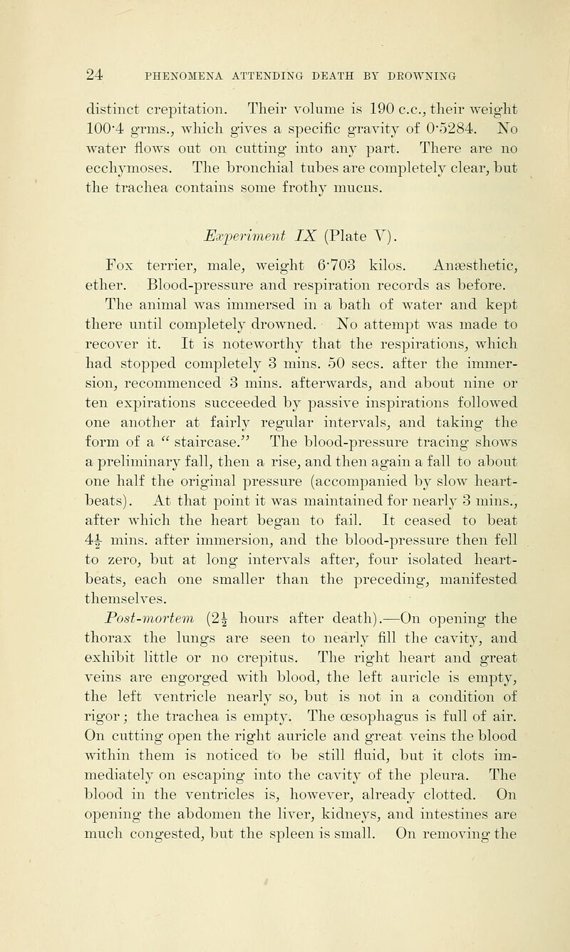 distinct crepitation. Their volume is 190 c.c.^ tlieir weight 100'4 grms., which gives a specific gravity of 05284. No water flows out on cutting into any part. There are no ecchymoses. The bronchial tubes are completely clear^ but the trachea contains some frothy mucus. Experiment IX (Plate V). Fox terrier^ male, weight 6*703 kilos. Anaesthetic, ether. Blood-pressure and respiration records as before. The animal was immersed in a bath of water and kept there until completely drowned. No attempt was made to recover it. It is noteworthy that the respirations, which had stopped completely 3 mins. 50 sees, after the immer- sion, recommenced 3 mins. afterwards, and about nine or ten expirations succeeded by passive inspirations followed one another at fairly regular intervals, and taking the form of a  staircase. The blood-pressure tracing shows a preliminary fall, then a rise, and then again a fall to about one half the original pressure (accompanied by slow heart- beats). At that point it was maintained for nearly 3 mins., after which the heart began to fail. It ceased to beat 4|- mins. after immersion, and the blood-pressure then fell to zero, but at long intervals after, four isolated heart- beats, each one smaller than the preceding, manifested themselves. Post-mortem (2| hours after death).—On opening the thorax the lungs are seen to nearly fill the cavity, and exhibit little or no crepitus. The right heart and great veins are engorged with blood, the left auricle is empty, the left ventricle nearly so, but is not in a condition of rigor; the trachea is empty. The oesophagus is full of air. On cutting open the right auricle and great veins the blood within them is noticed to be still fluid, but it clots im- mediately on escaping into the cavity of the pleura. The blood in the ventricles is, however, already clotted. On opening the abdomen the liver, kidneys, and intestines are much congested, but the spleen is small. On removing the