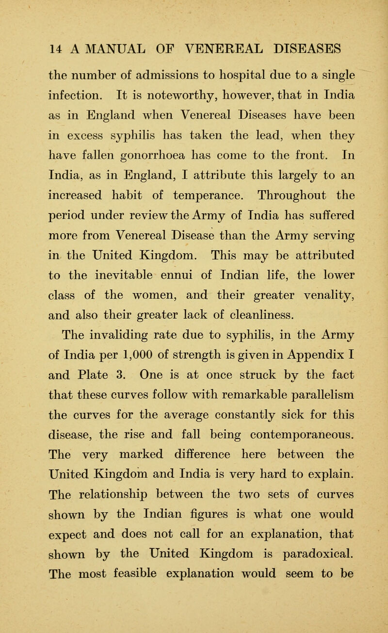 the number of admissions to hospital due to a single infection. It is noteworthy, however, that in India as in England when Venereal Diseases have been in excess syphilis has taken the lead, when they have fallen gonorrhoea has come to the front. In India, as in England, I attribute this largely to an increased habit of temperance. Throughout the period under review the Army of India has suffered more from Venereal Disease than the Army serving in the United Kingdom. This may be attributed to the inevitable ennui of Indian life, the lower class of the women, and their greater venality, and also their greater lack of cleanliness. The invaliding rate due to syphilis, in the Army of India per 1,000 of strength is given in Appendix I and Plate 3. One is at once struck by the fact that these curves follow with remarkable parallelism the curves for the average constantly sick for this disease, the rise and fall being contemporaneous. The very marked difference here between the United Kingdom and India is very hard to explain. The relationship between the two sets of curves shown by the Indian figures is what one would expect and does not call for an explanation, that shown by the United Kingdom is paradoxical. The most feasible explanation would seem to be