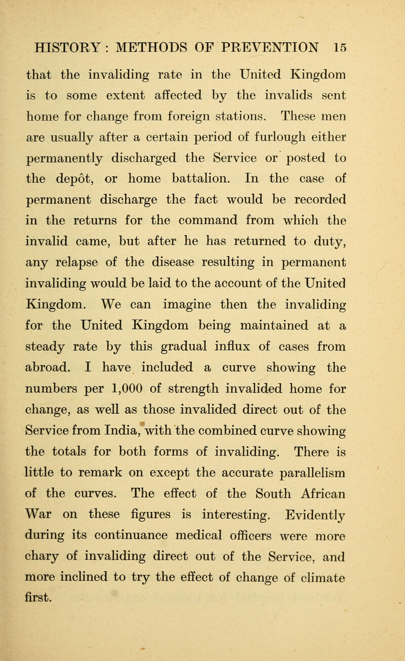 that the invaliding rate in the United Kingdom is to some extent affected by the invaHds sent home for change from foreign stations. These men are usually after a certain period of furlough either permanently discharged the Service or posted to the depot, or home battalion. In the case of permanent discharge the fact would be recorded in the returns for the command from which the invalid came, but after he has returned to duty, any relapse of the disease resulting in permanent invaliding would be laid to the account of the United Kingdom. We can imagine then the invaliding for the United Kingdom being maintained at a steady rate by this gradual influx of cases from abroad. I have included a curve showing the numbers per 1,000 of strength invalided home for change, as well as those invalided direct out of the Service from India, with the combined curve showing the totals for both forms of invaliding. There is little to remark on except the accurate parallelism of the curves. The effect of the South African War on these figures is interesting. Evidently during its continuance medical officers were more chary of invaliding direct out of the Service, and more inclined to try the effect of change of climate first.