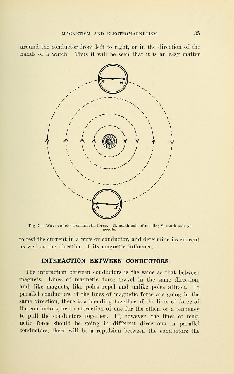 around the conductor from left to right, or in the direction of the hands of a watch. Thus it will be seen that it is an easy matter / / / I / ' ' / i L 1 ' A A A. A \ \ \ \ I- ,- 'i' '1 \ \ x ^~ v \ ■'x- ■ \ \ \ \ y y v y / / / i / > / \ Fig. 7.—Waves of electromagnetic force. N, north pole of needle ; S, south pole of needle. to test the current in a wire or conductor, and determine its current as well as the direction of its magnetic influence. INTERACTION BETWEEN CONDUCTORS. The interaction between conductors is the same as that between magnets. Lines of magnetic force travel in the same direction, and, like magnets, like poles repel and unlike poles attract. In parallel conductors, if the lines of magnetic force are going in the same direction, there is a blending together of the lines of force of the conductors, or an attraction of one for the other, or a tendency to pull the conductors together. If, however, the lines of mag- netic force should be going in different directions in parallel conductors, there will be a repulsion between the conductors the