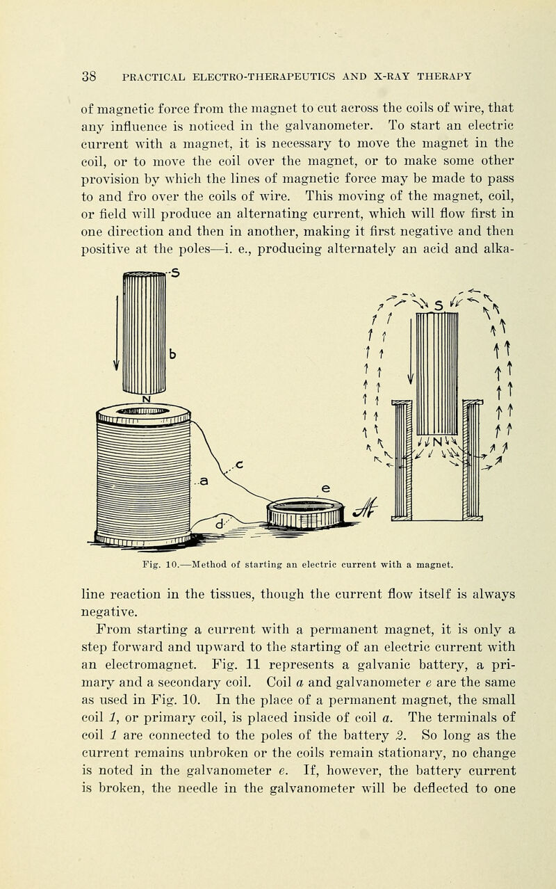 of magnetic force from the magnet to cut across the coils of wire, that any influence is noticed in the galvanometer. To start an electric current with a magnet, it is necessary to move the magnet in the coil, or to move the coil over the magnet, or to make some other provision by which the lines of magnetic force may be made to pass to and fro over the coils of wire. This moving of the magnet, coil, or field will produce an alternating current, which will flow first in one direction and then in another, making it first negative and then positive at the poles—i. e., producing alternately an acid and alka- Fig. 10.—Method of starting an electric current with a magnet. line reaction in the tissues, though the current flow itself is always negative. From starting a current with a permanent magnet, it is only a step forward and upward to the starting of an electric current with an electromagnet. Fig. 11 represents a galvanic battery, a pri- mary and a secondary coil. Coil a and galvanometer e are the same as used in Fig. 10. In the place of a permanent magnet, the small coil 1, or primary coil, is placed inside of coil a. The terminals of coil 1 are connected to the poles of the battery 2. So long as the current remains unbroken or the coils remain stationary, no change is noted in the galvanometer e. If, however, the battery current is broken, the needle in the galvanometer will be deflected to one
