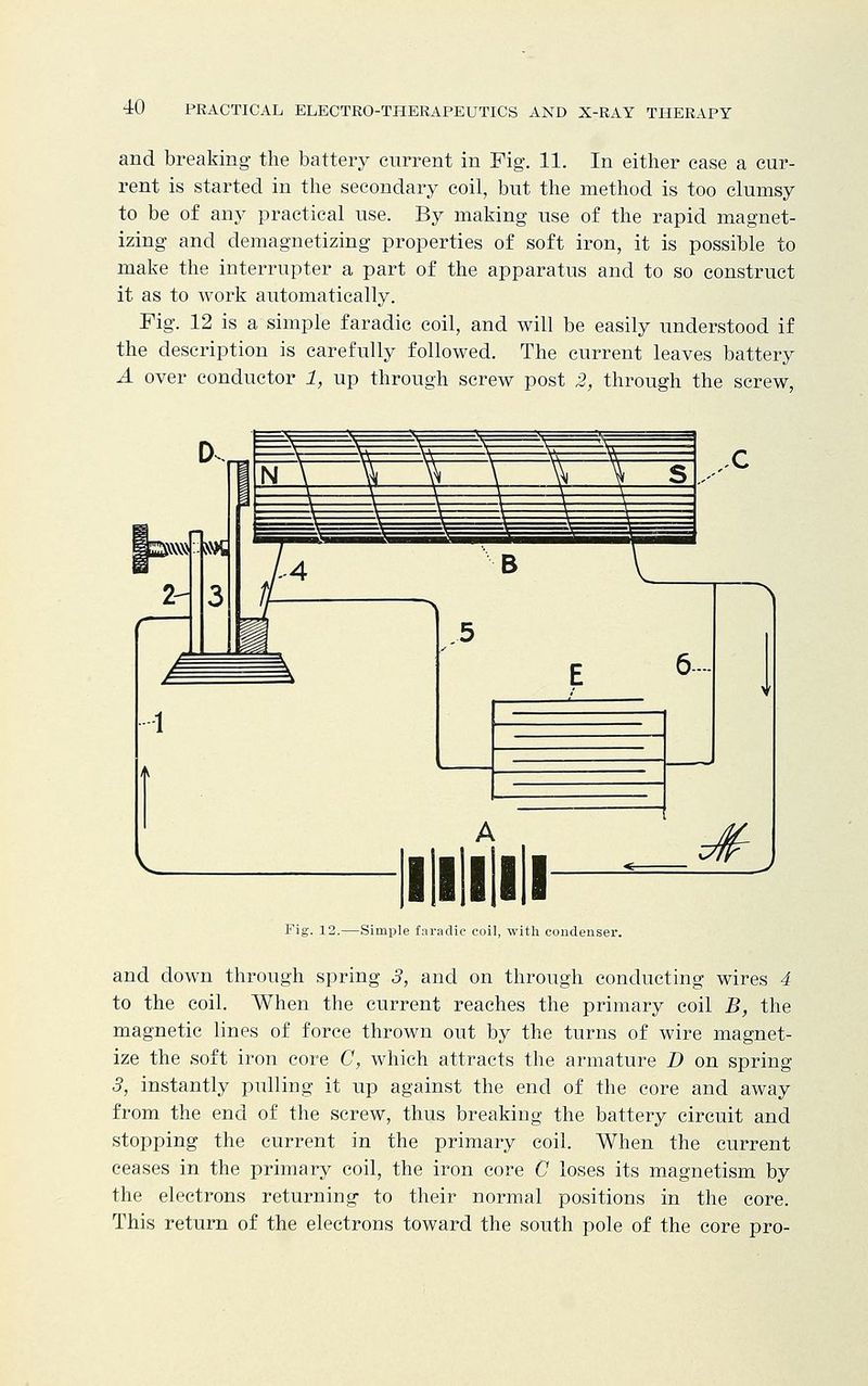 and breaking- the battery current in Fig. 11. In either ease a cur- rent is started in the secondary coil, but the method is too clumsy to be of any practical use. By making use of the rapid magnet- izing and demagnetizing properties of soft iron, it is possible to make the interrupter a part of the apparatus and to so construct it as to work automatically. Fig. 12 is a simple faradic coil, and will be easily understood if the description is carefully followed. The current leaves battery A over conductor 1, up through screw post 2, through the screw, Fig. 12.—Simple faradic coil, with condenser. and down through spring 3, and on through conducting wires 4 to the coil. When the current reaches the primary coil B, the magnetic lines of force thrown out by the turns of wire magnet- ize the soft iron core C, which attracts the armature D on spring 3, instantly pulling it up against the end of the core and away from the end of the screw, thus breaking the battery circuit and stopping the current in the primary coil. When the current ceases in the primary coil, the iron core C loses its magnetism by the electrons returning to their normal positions in the core. This return of the electrons toward the south pole of the core pro-