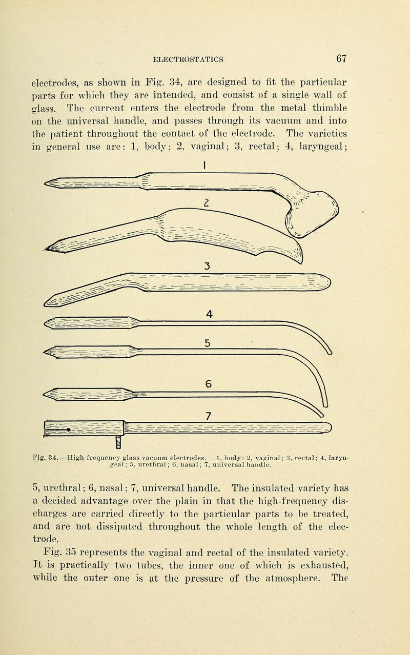 electrodes, as shown in Fig. 34, are designed to fit the particular parts for which they are intended, and consist of a single wall of glass. The current enters the electrode from the metal thimble on the universal handle, and passes through its vacuum and into the patient throughout the contact of the electrode. The varieties in general use are: 1, body; 2, vaginal; 3, rectal; 4, laryngeal; Fig. 34. -High-frequency glass vacuum electrodes. 1, body; 2, vaginal; 3, rectal; 4, laryn- geal; 5, urethral; 6, nasal; 7, universal handle. 5, urethral; 6, nasal; 7, universal handle. The insulated variety has a decided advantage over the plain in that the high-frequency dis- charges are carried directly to the particular parts to be treated, and are not dissipated throughout the whole length of the elec- trode. Fig. 35 represents the vaginal and rectal of the insulated variety. It is practically two tubes, the inner one of which is exhausted, while the outer one is at the pressure of the atmosphere. The