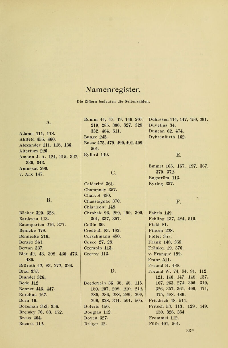 Namenregister. Die Ziffern bedeuten die Seitenzahlen. Adams 111, 118. Ahlfeld 455, 460. Alexander 111, 118, 136. Altertum 226. Amann J. A. 124, 215, 327, 330, 343. Amussat 290. v. Arx 147. B. Bäcker 320, 328. Bardescu 113. Baumgarten 216, 377. Benicke 178. Bennecke 216. Berard 361. Berton 337. Bier 42, 43, 398, 430, 473, 480. Billroth 42, 83, 272, 326. Blau 337. Blundel 326. Bode 112. Bonnet 446, 447. Borelius 167. Born 19. Bozeman 353, 356. Breisky 76, 83, 172. Breus 404. Bucura 112. Bumm 44, 47, 49, 149, 207, 210, 285, 306, 327, 328, 332, 484, 511. Bunge 245. Busse 475, 479, 490,491,499, 501. Byford 149. c. Calderini 361. Champney 357. Charcot 430. Chassaignac 370. Chiarleoni 148- Chrobak 96, 289, 290, 300, 301, 337, 397. Collin 30. Crede B. 83, 182. Curschmann 480. Cusco 27, 28. Czempin 113. Czerny 113. D. Doederlein 36, 38, 48, 115, 180, 207, 208, 210, 212, 280, 286, 288, 289, 290, 296, 328, 344, 501, 505. Doleris 156. Douglas 112. Doyen 327. Dräger 42. Dührssenll4, 147, 150, 291. Düvelius 34. Duncan 62, 474. Dyhrenfurth 162. E. Emmet 165, 167, 197, 367, 370, 372. Engström 113. Eyring 337. Fabris 149. Fehling 137, 484, 510. Field 81. Finsen 228. Follet 357. Frank 148, 358. Fränkel 19, 376. v. Franque 199. Franz 511. Freund H. 488. Freund W. 74, 84, 91, 112, 121, 140, 147, 148, 157, 167, 263, 274, 306, 319, 326, 357, 361, 409, 474, 475, 488, 489. Friedrich 48, 511. Fritsch 53, 113, 129, 149, 150, 326, 354. Frommel 112. Füth 401, 501. 33*