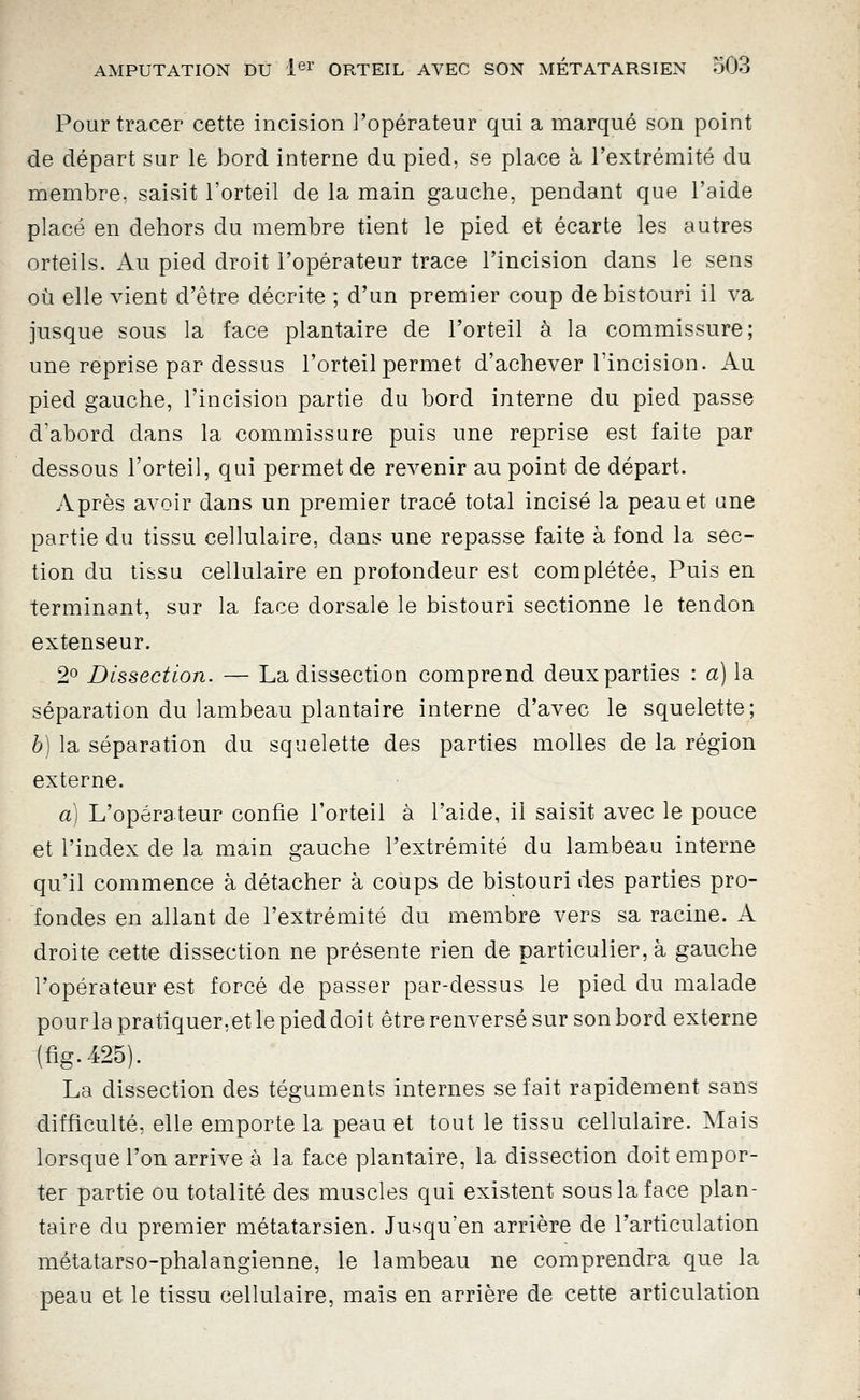 Pour tracer cette incision l'opérateur qui a marqué son point de départ sur le bord interne du pied, se place à l'extrémité du membre, saisit l'orteil de la main gauche, pendant que l'aide placé en dehors du membre tient le pied et écarte les autres orteils. Au pied droit l'opérateur trace l'incision dans le sens où elle vient d'être décrite ; d'un premier coup de bistouri il va jusque sous la face plantaire de l'orteil à la commissure; une reprise par dessus l'orteil permet d'achever l'incision. Au pied gauche, l'incision partie du bord interne du pied passe d'abord dans la commissure puis une reprise est faite par dessous l'orteil, qui permet de revenir au point de départ. Après avoir dans un premier tracé total incisé la peau et une partie du tissu cellulaire, dans une repasse faite à fond la sec- tion du tissu cellulaire en protondeur est complétée, Puis en terminant, sur la face dorsale le bistouri sectionne le tendon extenseur. 2'^ Dissection. — La dissection comprend deux parties : a] la séparation du lambeau plantaire interne d'avec le squelette; h) la séparation du squelette des parties molles de la région externe. à) L'opérateur confie l'orteil à l'aide, il saisit avec le pouce et l'index de la main gauche l'extrémité du lambeau interne qu'il commence à détacher à coups de bistouri des parties pro- fondes en allant de l'extrémité du membre vers sa racine. A droite cette dissection ne présente rien de particulier, à gauche l'opérateur est forcé de passer par-dessus le pied du malade pour la pratiquer,et le pieddoi t être renversé sur son bord externe (fig.425). La dissection des téguments internes se fait rapidement sans difficulté, elle emporte la peau et tout le tissu cellulaire. Mais lorsque l'on arrive à la face plantaire, la dissection doit empor- ter partie ou totalité des muscles qui existent sous la face plan- taire du premier métatarsien. Jusqu'en arrière de l'articulation métatarso-phalangienne, le lambeau ne comprendra que la peau et le tissu cellulaire, mais en arrière de cette articulation