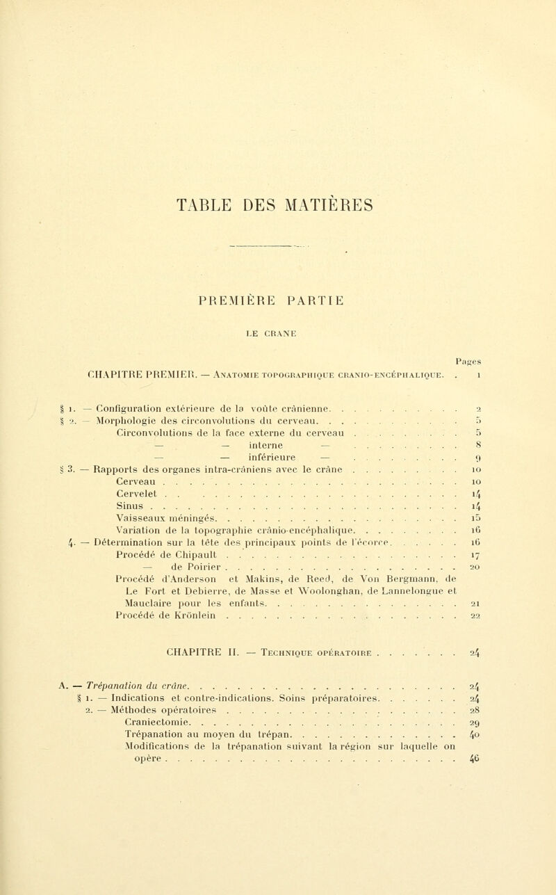 PREMIÈRE PARTIE LE CRANE Pa^es CHAPITRE PREMIER. — Anatomie topographioue cranio-encépiialique. . i I 1. — Configura lion extérieure de la voûte crânienne 2 I 2. ~ Morphologie des circonvolutions du cerveau 5 Circonvolutions de la face externe du cerveau 5 — — interne — . 8 — — inférieure — 9 § 3. — Rapports des organes intra-cràniens avec le crâne 10 Cerveau 10 Cervelet . . 14 Sinus 14 Vaisseaux méningés i5 Variation de la topographie crânio-encéphalique 16 4- — Détermination sur la tête des principaux points de l'érorce 16 Pi'océdé de Chipault 17 — de Poirier 20 Procédé d'Anderson et Makins, de Reed, de Von Rergmann, de Le Fort et Debierre, de Masse et Woolonghan, de Lannelongue et Mauclaire pour les enfants 21 Procédé de Krônlein 22 CHAPITRE II. — Technique opébatoip.e 24 — Trépanation du crâne. . 24 I 1. — Indications et contre-indications. Soins préparatoires 24 2. — Méthodes opératoires 28 Craniectomie 29 Trépanation au moyen du trépan 4o Modifications de la trépanation suivant la région sur laquelle on opère 46