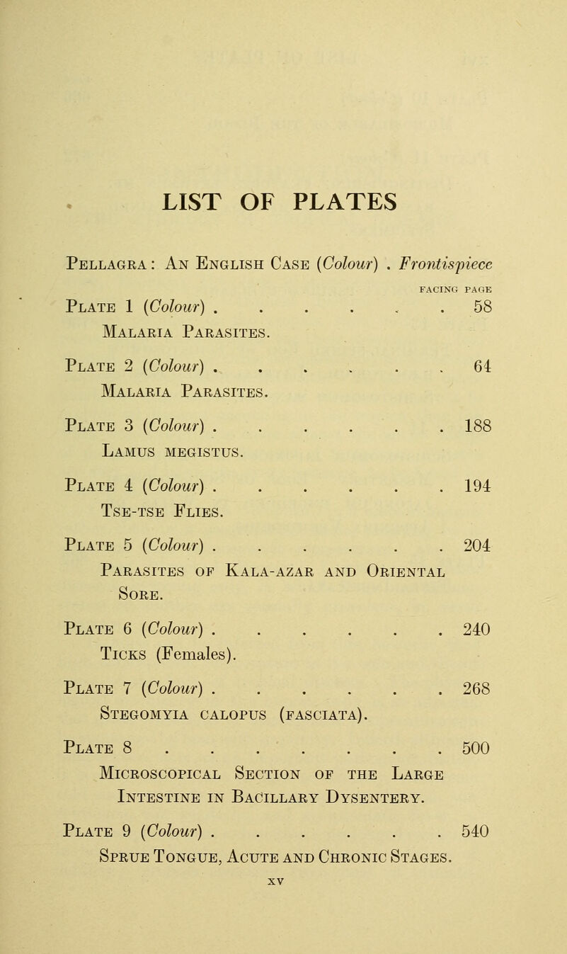 LIST OF PLATES Pellagra : An English Case {Colour) . Frontispiece FACING PAGE Plate 1 (Colour) . . . . .. .58 Malaria Parasites. Plate 2 (Colour) . . . . . . 64 Malaria Parasites. Plate 3 (Colour) 188 Lamus megistus. Plate 4 (Colour) 194 TsE-TSE Flies. Plate 5 (Colour) 204 Parasites of Kala-azar and Oriental Sore. Plate 6 (Colour) 240 Ticks (Females). Plate 7 (Colour) 268 Stegomyia calopus (fasciata). Plate 8 500 Microscopical Section of the Large Intestine in Bacillary Dysentery. Plate 9 (Colour) . . . . . .540 Sprue Tongue, Acute and Chronic Stages.