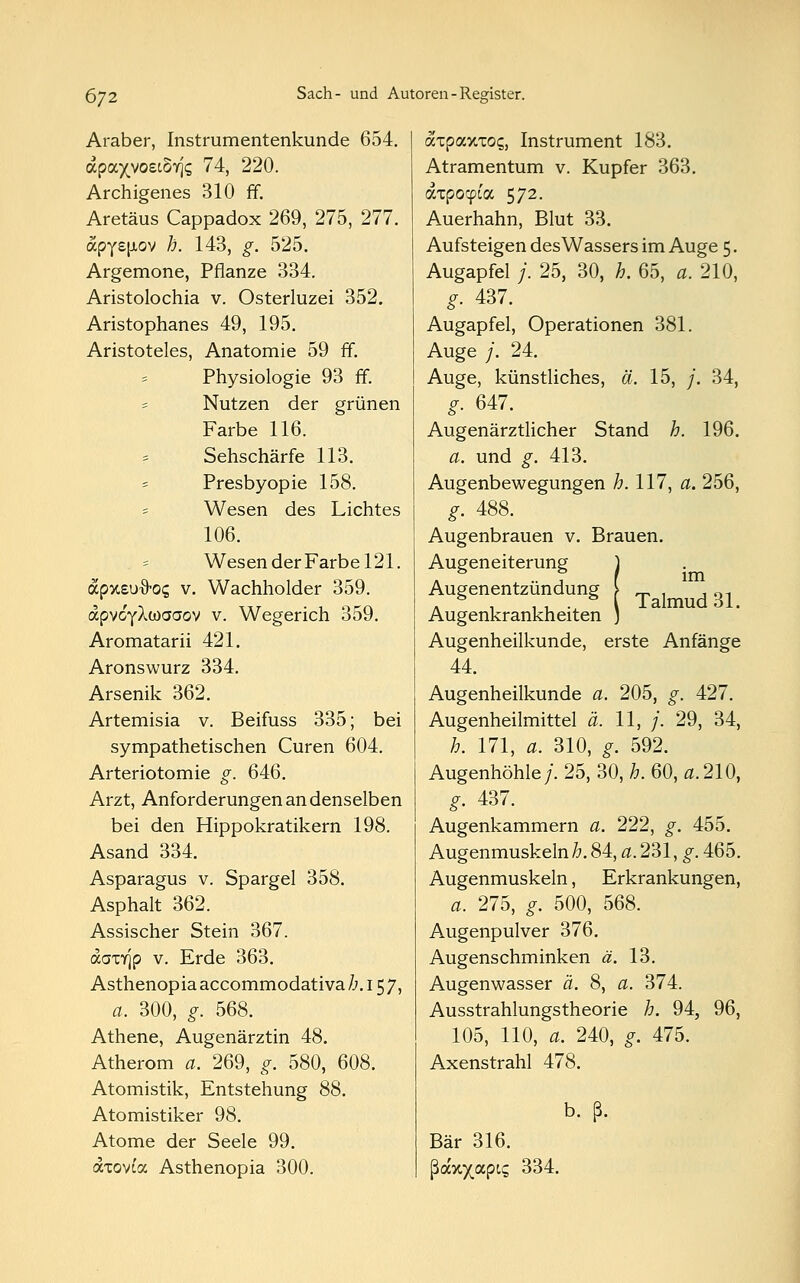 Araber, Instrumentenkunde 654. äpoLyyozioy\c, 74, 220. Archigenes 310 ff. Aretäus Cappadox 269, 275, 277. apysjAov h. 143, g. 525. Argemone, Pflanze 334. Aristolochia v. Osterluzei 352. Aristophanes 49, 195. Aristoteles, Anatomie 59 ff. = Physiologie 93 ff. = Nutzen der grünen Farbe 116. ? Sehschärfe 113. - Presbyopie 158. = Wesen des Lichtes 106. Wesen der Farbe 121. oipy.z\j&oq v. Wachholder 359. apvoyXwaaov v. Wegerich 359. Aromatarii 421. Aronswurz 334. Arsenik 362. Artemisia v. Beifuss 335; bei sympathetischen Curen 604. Arteriotomie g. 646. Arzt, Anforderungen an denselben bei den Hippokratikern 198. Asand 334. Asparagus v. Spargel 358. Asphalt 362. Assischer Stein 367. aarrjp v. Erde 363. Asthenopiaaccommodativa/;.i57, a. 300, g. 568. Athene, Augenärztin 48. Atherom a. 269, g. 580, 608. Atomistik, Entstehung 88. Atomistiker 98. Atome der Seele 99. axovo'a Asthenopia 300. axpaxzoc,, Instrument 183. Atramentum v. Kupfer 363. axpocpia 572. Auerhahn, Blut 33. Aufsteigen des Wassers im Auge 5. Augapfel j. 25, 30, h. 65, a. 210, g. 437. Augapfel, Operationen 381. Auge 7. 24. Auge, künstliches, ä. 15, ;'. 34, g. 647. Augenärztlicher Stand h. 196. a. und g. 413. Augenbewegungen h. 117, a. 256, g. 488. Augenbrauen v. Brauen. Augeneiterung Augenentzündung Augenkrankheiten Augenheilkunde, erste Anfänge 44. Augenheilkunde a. 205, g. 427. Augenheilmittel ä. 11, /. 29, 34, h. 171, a. 310, g. 592. Augenhöhle/. 25, 30, h. 60, a.210, g. 437. Augenkammern a. 222, g. 455. Augenmuskeln h. 84, a. 231, g. 465. Augenmuskeln, Erkrankungen, a. 275, g. 500, 568. Augenpulver 376. Augenschminken ä. 13. Augenwasser ä. 8, a. 374. Ausstrahlungstheorie h. 94, 96, 105, 110, a, 240, g. 475. Axenstrahl 478. im Talmud 31. b. ß. Bär 316. $<xy.y^apic, 334.