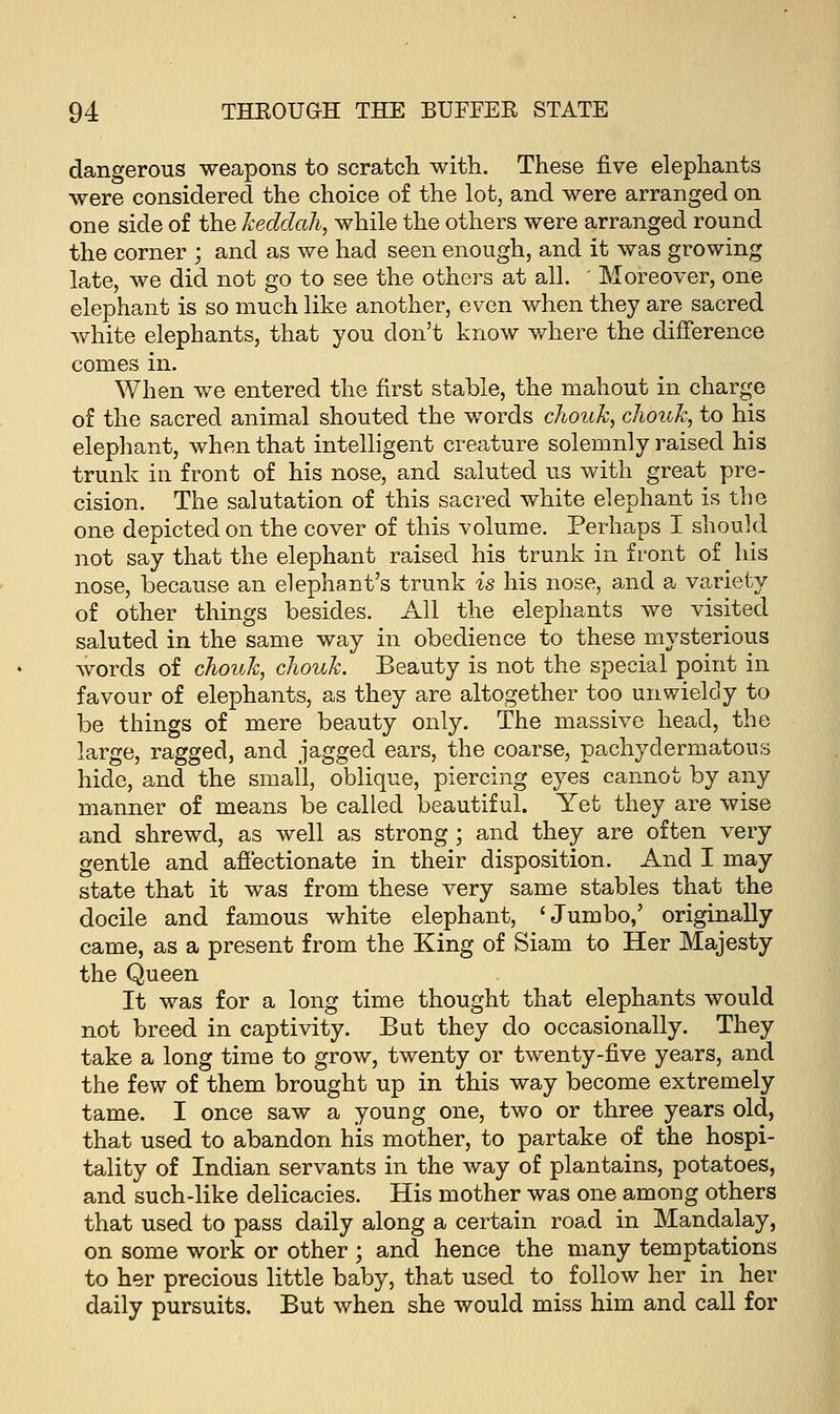 dangerous weapons to scratch with. These five elephants were considered the choice of the lot, and were arranged on one side of the keddah, while the others were arranged round the corner ; and as we had seen enough, and it was growing late, we did not go to see the others at all. Moreover, one elephant is so much like another, even when they are sacred white elephants, that you don't know where the difference conies in. When we entered the first stable, the mahout in charge of the sacred animal shouted the words chouk, chouk, to his elephant, when that intelligent creature solemnly raised his trunk in front of his nose, and saluted us with great pre- cision. The salutation of this sacred white elephant is the one depicted on the cover of this volume. Perhaps I should not say that the elephant raised his trunk in front of his nose, because an elephant's trunk is his nose, and a variety of other things besides. All the elephants we visited saluted in the same way in obedience to these mysterious words of chouk, chouk. Beauty is not the special point in favour of elephants, as they are altogether too unwieldy to be things of mere beauty only. The massive head, the large, ragged, and jagged ears, the coarse, pachydermatous hide, and the small, oblique, piercing eyes cannot by any manner of means be called beautiful. Yet they are wise and shrewd, as well as strong; and they are often very gentle and affectionate in their disposition. And I may state that it was from these very same stables that the docile and famous white elephant, 'Jumbo,' originally came, as a present from the King of Siam to Her Majesty the Queen It was for a long time thought that elephants would not breed in captivity. But they do occasionally. They take a long time to grow, twenty or twenty-five years, and the few of them brought up in this way become extremely tame. I once saw a young one, two or three years old, that used to abandon his mother, to partake of the hospi- tality of Indian servants in the way of plantains, potatoes, and such-like delicacies. His mother was one among others that used to pass daily along a certain road in Mandalay, on some work or other ; and hence the many temptations to her precious little baby, that used to follow her in her daily pursuits. But when she would miss him and call for