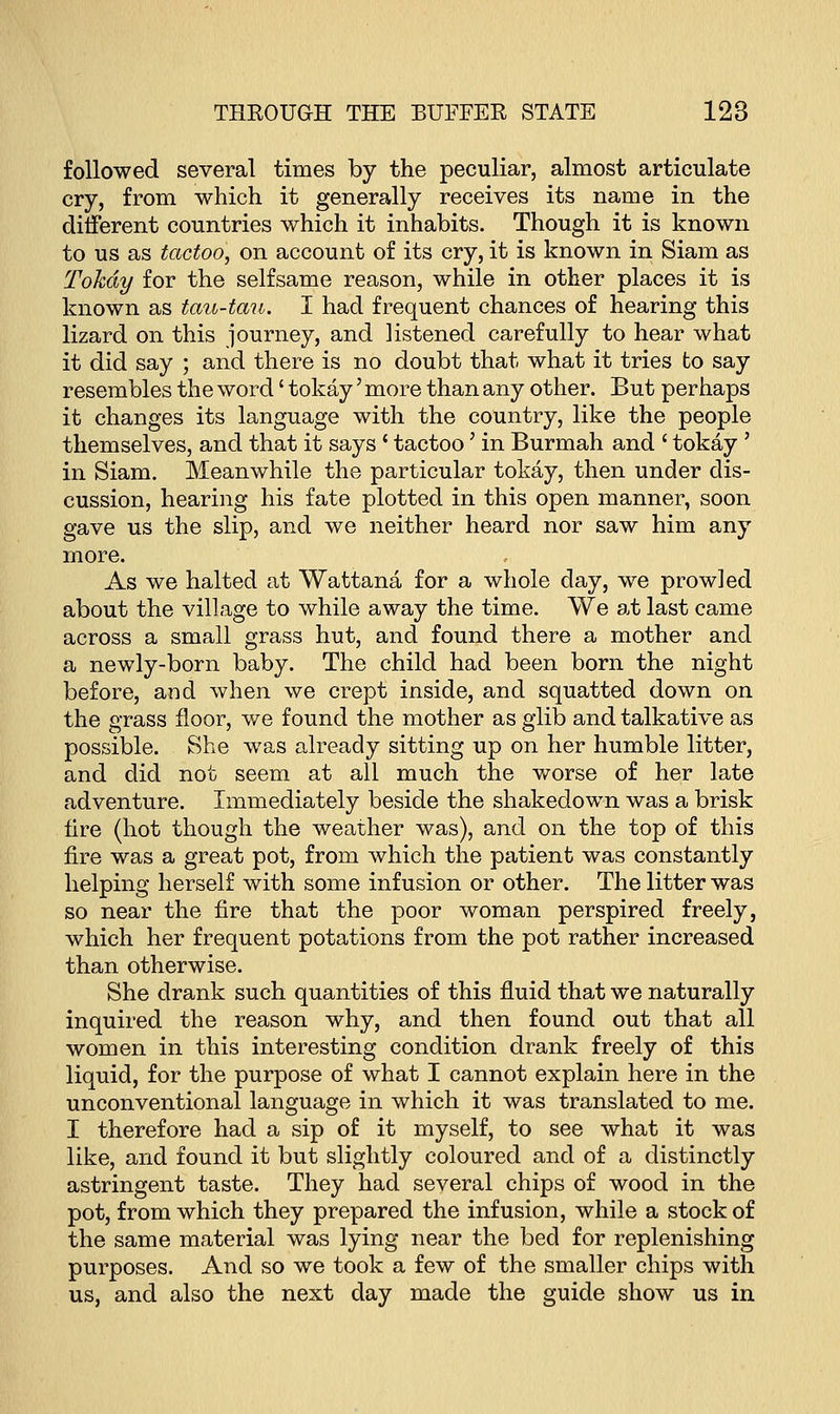 followed several times by the peculiar, almost articulate cry, from which it generally receives its name in the different countries which it inhabits. Though it is known to us as tactoo, on account of its cry, it is known in Siam as Tokay for the selfsame reason, while in other places it is known as tau-tau. I had frequent chances of hearing this lizard on this journey, and listened carefully to hear what it did say ; and there is no doubt that what it tries to say resembles the word' tokay' more than any other. But perhaps it changes its language with the country, like the people themselves, and that it says ' tactoo' in Burmah and ' tokay ' in Siam. Meanwhile the particular tokay, then under dis- cussion, hearing his fate plotted in this open manner, soon gave us the slip, and we neither heard nor saw him any more. As we halted at Wattana for a whole day, we prow]ed about the village to while away the time. We at last came across a small grass hut, and found there a mother and a newly-born baby. The child had been born the night before, ami when we crept inside, and squatted down on the grass floor, we found the mother as glib and talkative as possible. She was already sitting up on her humble litter, and did not seem at all much the worse of her late adventure. Immediately beside the shakedown was a brisk fire (hot though the weather was), and on the top of this fire was a great pot, from which the patient was constantly helping herself with some infusion or other. The litter was so near the fire that the poor woman perspired freely, which her frequent potations from the pot rather increased than otherwise. She drank such quantities of this fluid that we naturally inquired the reason why, and then found out that all women in this interesting condition drank freely of this liquid, for the purpose of what I cannot explain here in the unconventional language in which it was translated to me. I therefore had a sip of it myself, to see what it was like, and found it but slightly coloured and of a distinctly astringent taste. They had several chips of wood in the pot, from which they prepared the infusion, while a stock of the same material was lying near the bed for replenishing purposes. And so we took a few of the smaller chips with us, and also the next day made the guide show us in